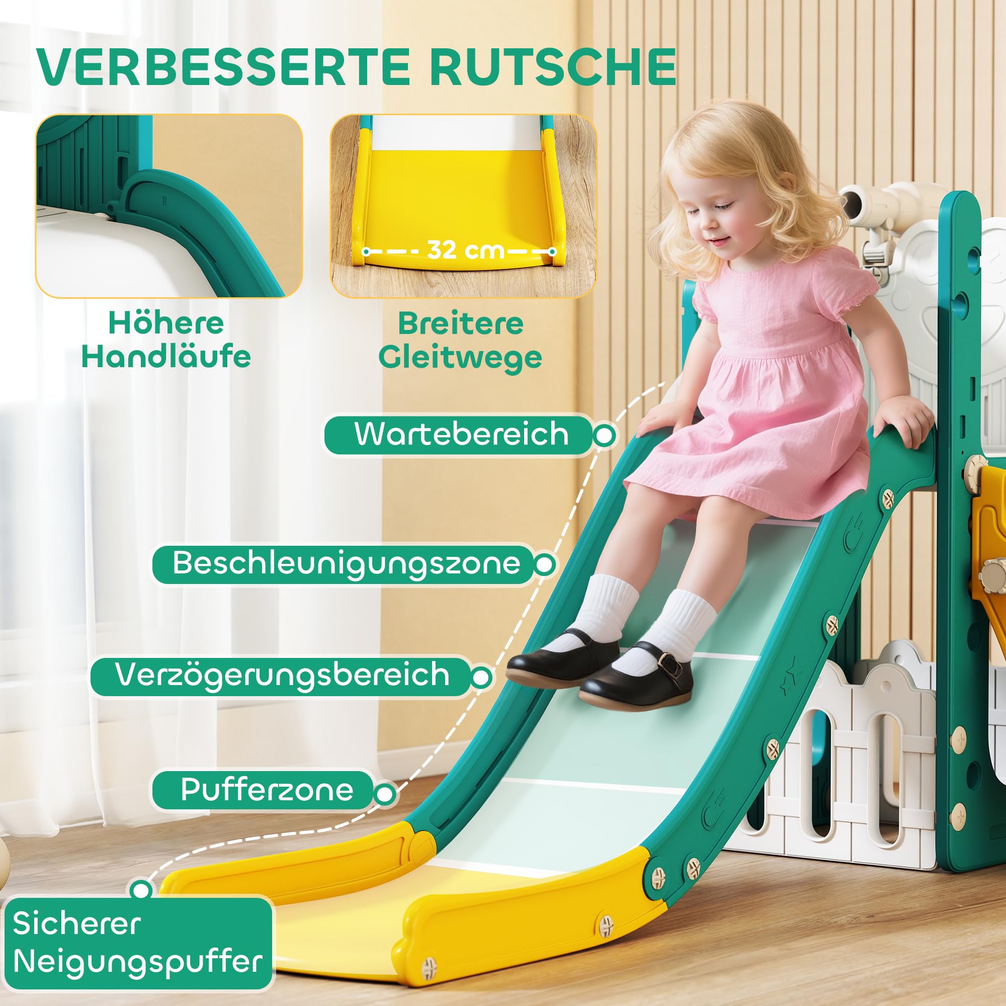 AIYAPLAY Kinderrutsche 5 in 1 Indoor und Outdoor Babyrutsche mit Basketballkorb, Klettergerüst, Spielteleskope, Stauraum, Frosch-Motiv Spielplatz für Kleinkinder 1-3 Jahre, Gelb