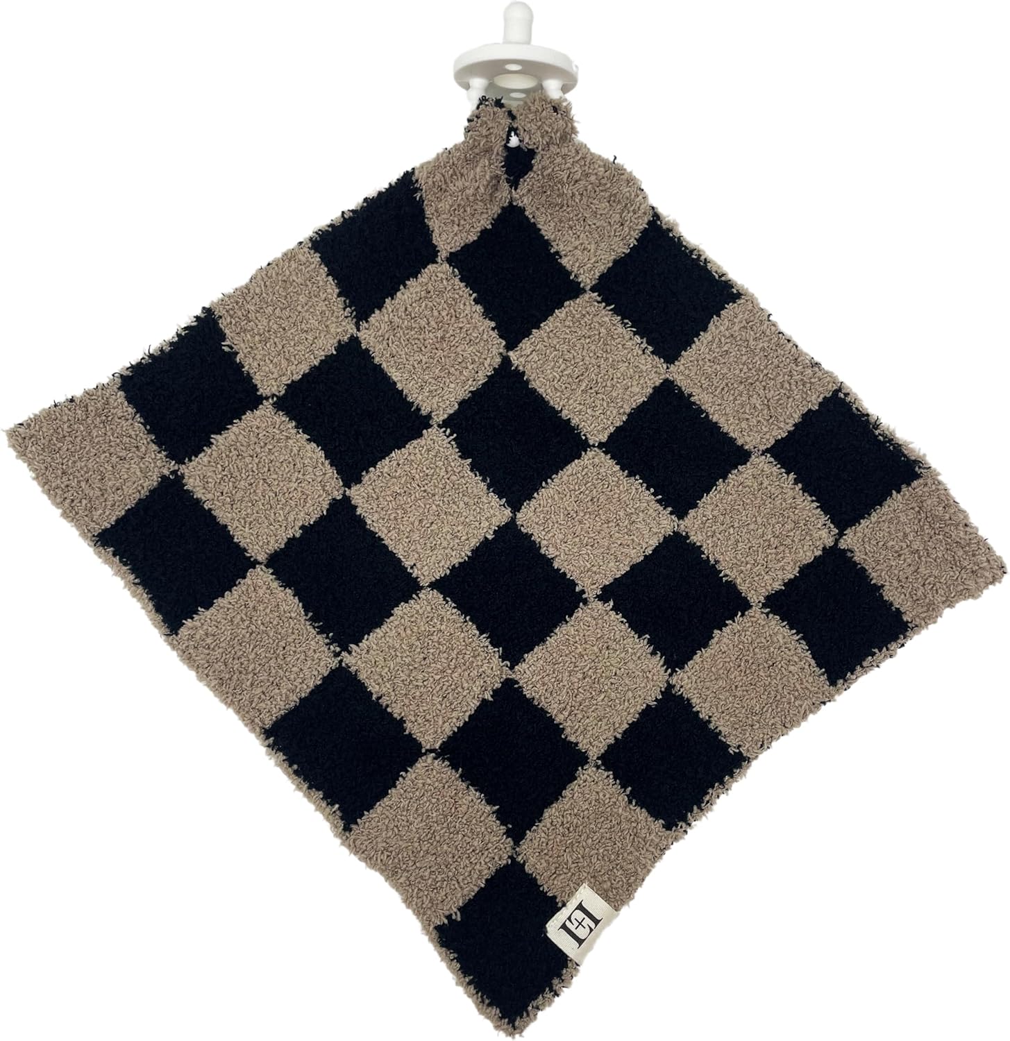 L+L USA Checkered Baby Lovey Pacifier/Teether Holder 10"x10" - DreamSoft Plush Fluffy Cuddly Soothie Reversible Mini Comfort Blanket - Cute Newborn Gift Essential for Babies Boys Girls (Black/Brown)