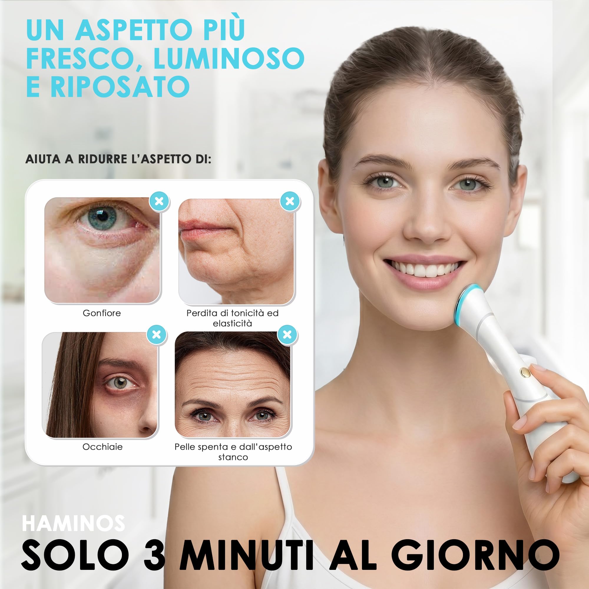 HAMINOS Massaggiatore Viso 4 in 1 con Calore, Vibrazione, Luce Rossa e Blu, Funzione Ionica Galvanica, Massaggiatore Viso Elettrico Ricaricabile USB-C per Cura del Viso
