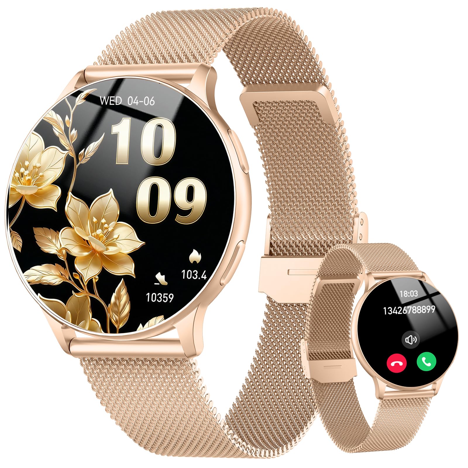 Jugeman Montre Connectée Femme, 1.33" Smartwatch avec Appel Bluetooth, Gold | Smartwatch Rond Fréquence Cardiaque/SpO2/Sommeil Montre, 120 Mode+Sportifs Montre, IP68 étanche Fitness Podomètre Android iOS