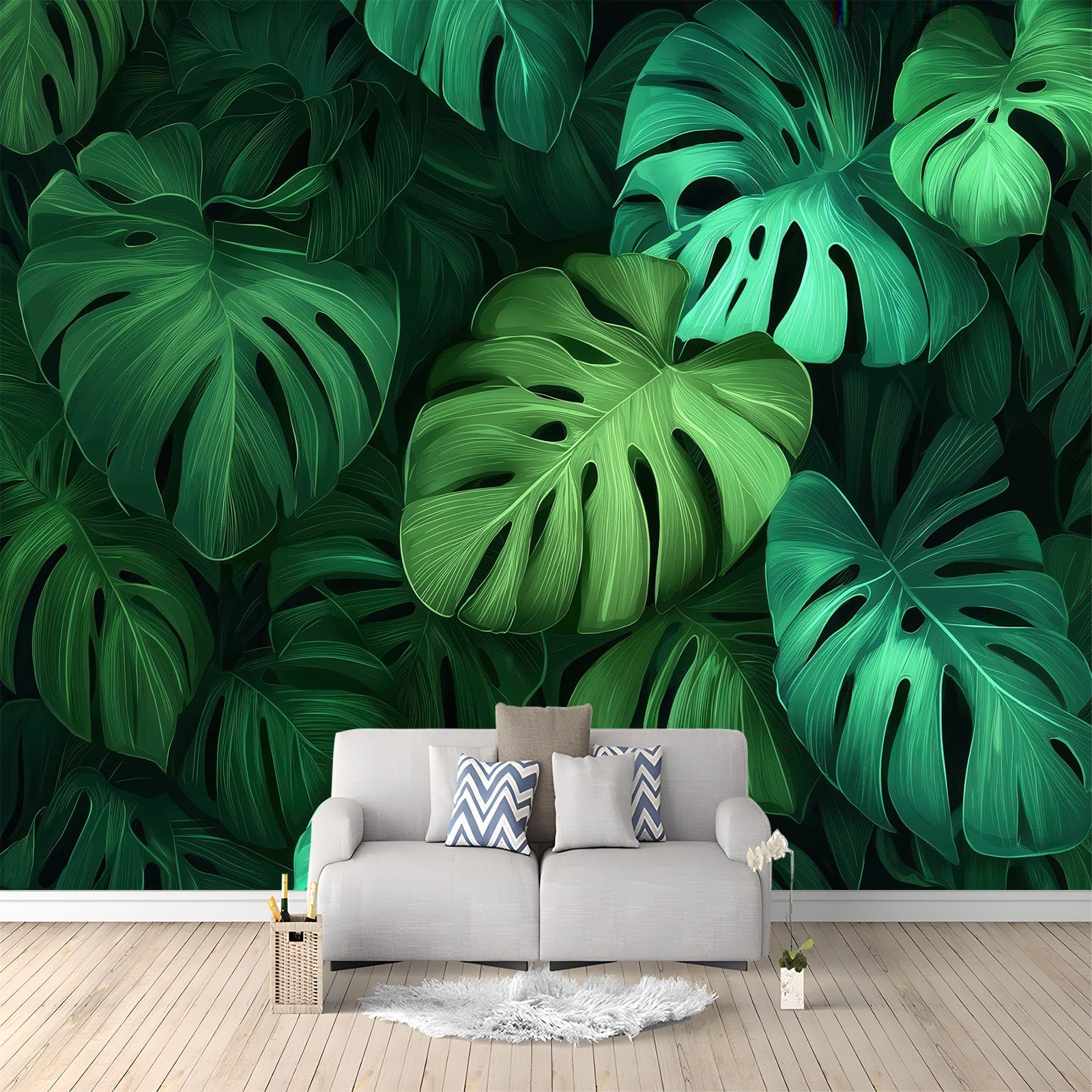 Wallpaper - Wall Mural 350 x 256 cm Sofa TV Kids Bedroom Non-Woven Premium Art Print Green Wall Mural Decoration Poster Picture Design Modern Monstera Leaves