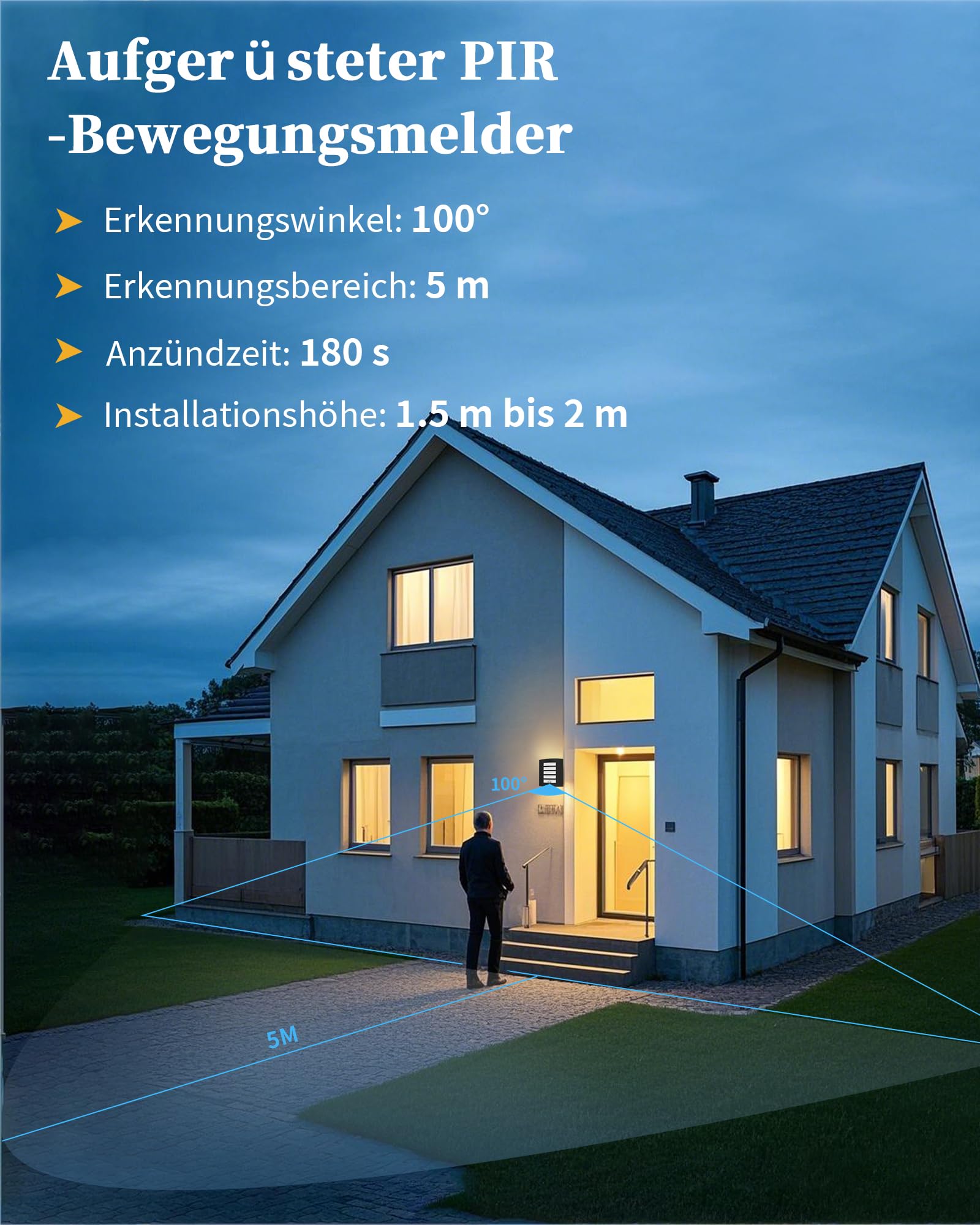 2er Set Außenwandleuchte mit Bewegungsmelder E27 Wandlampe IP44 | Integrierter Bewegungsmelder, IP44, inkl. 2x 12W E27 LED, 1200lm 3000K Warmweiß, Schwarz Matt, für Eingang und Hauswand