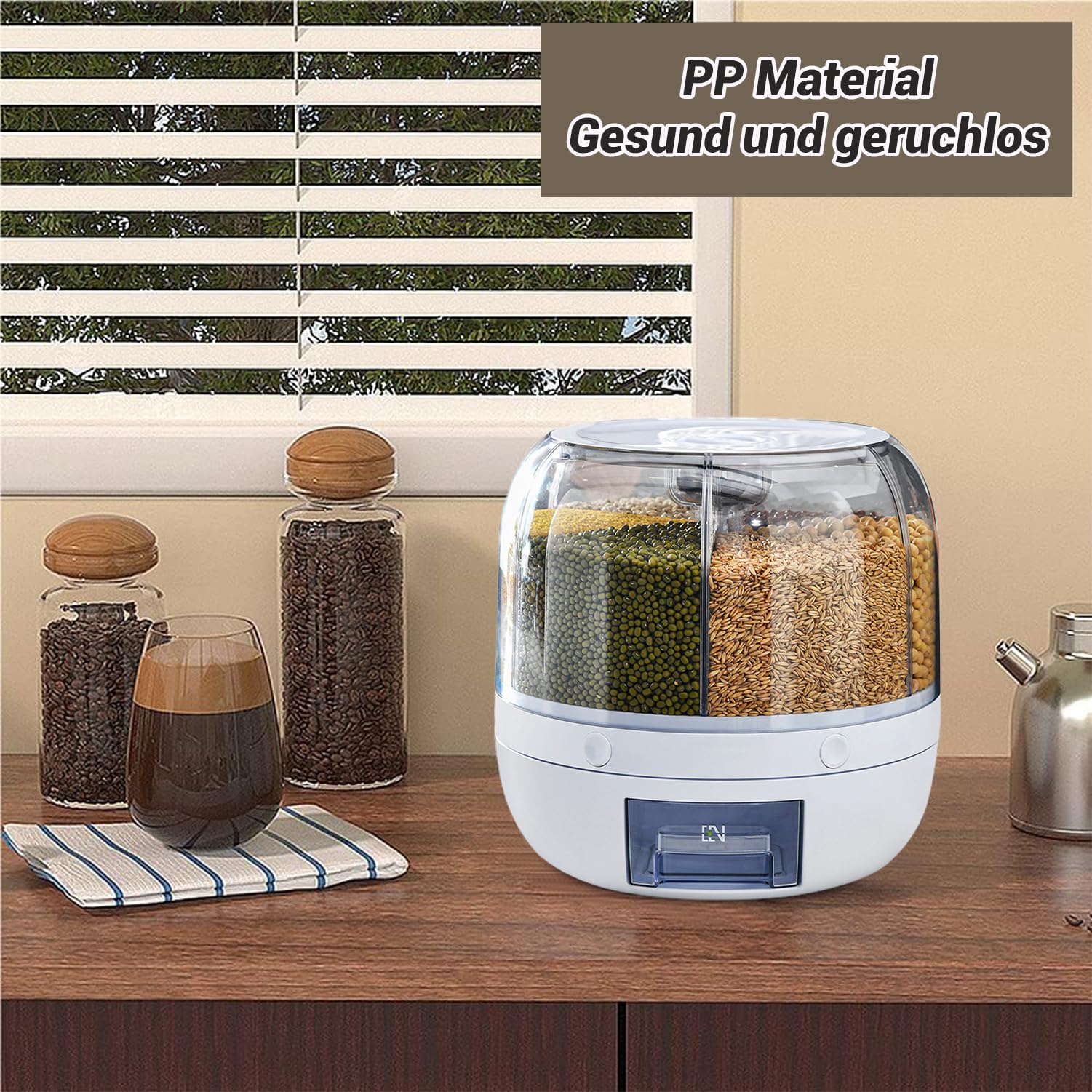 Contenitore Girevole per Cereali, 6 Griglie Dispenser di Cereali in PP Rotante con Coperchio Rimovibile, Dispenser di Riso, Distributore di Riso, Contenitore per Riso Stoccaggio, per Negozio di Cucina