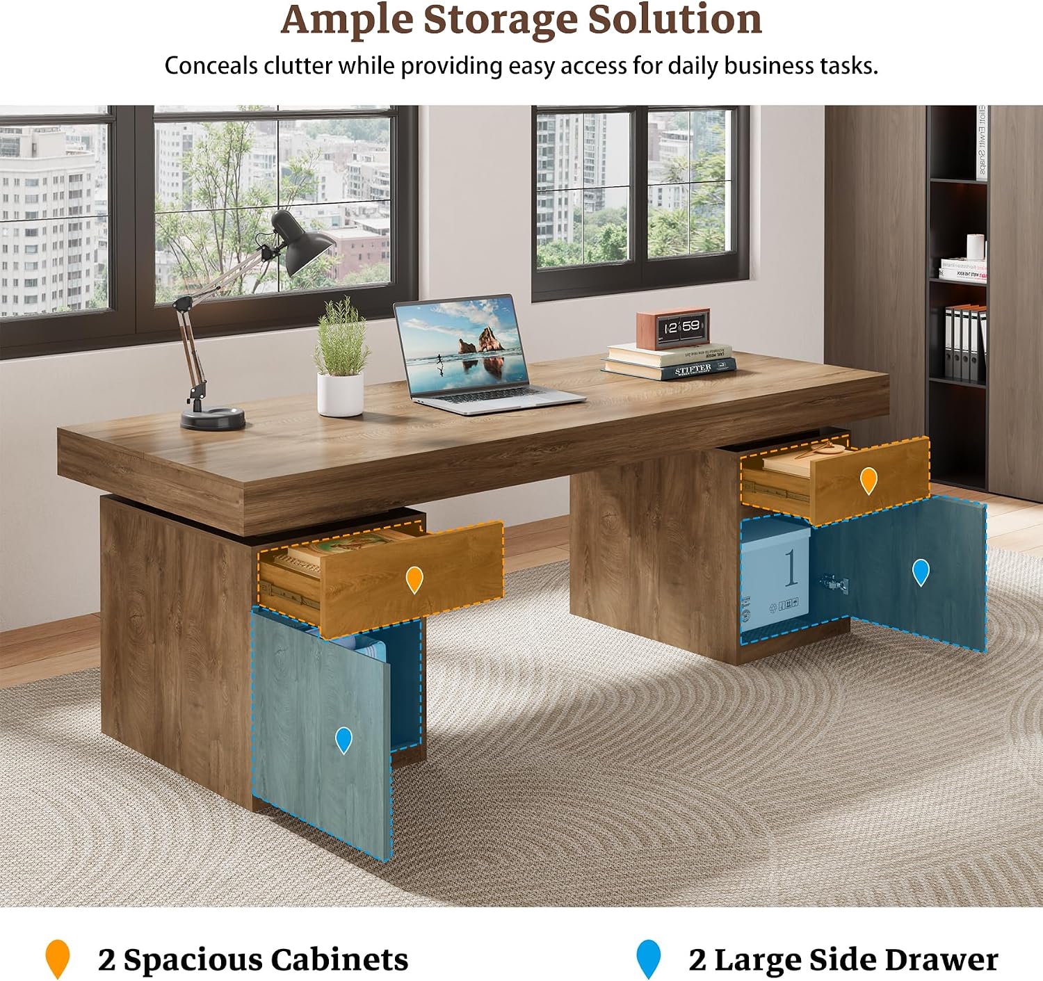 Wood Executive Desk with 2 Cabinets & Drawers, Modern Rustic Office Desk with Storage, 71-Inch Large Computuer Desk Writing Table for Business Workstation Home Office, Rustic Brown