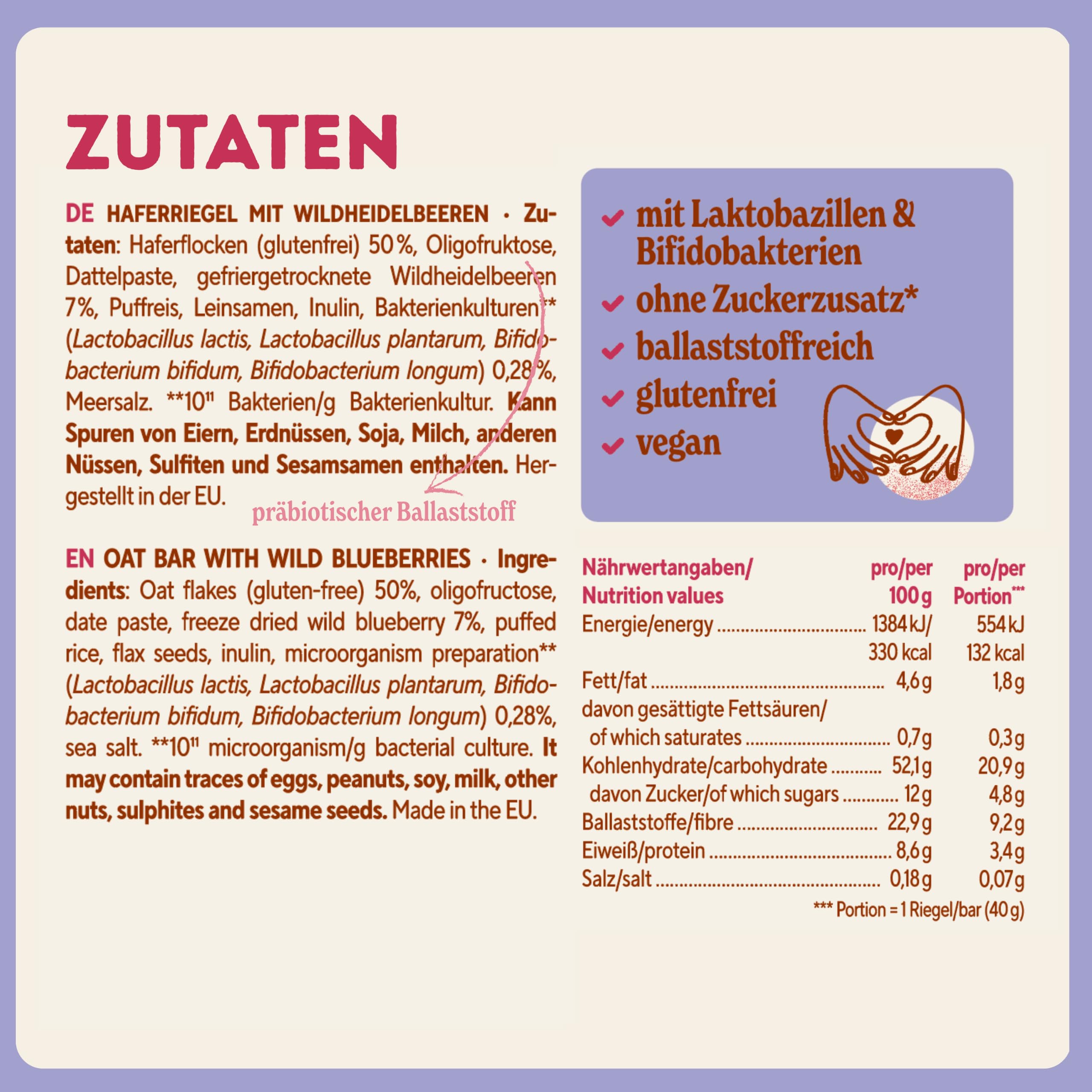 Baelanse® Haferriegel - Ohne Zuckerzusatz, vegan, glutenfrei, nussfrei, ballaststoffreich, mit Bakterienkulturen - Gesunder Snack für Darmgesundheit- 12x40g - Blaubeere