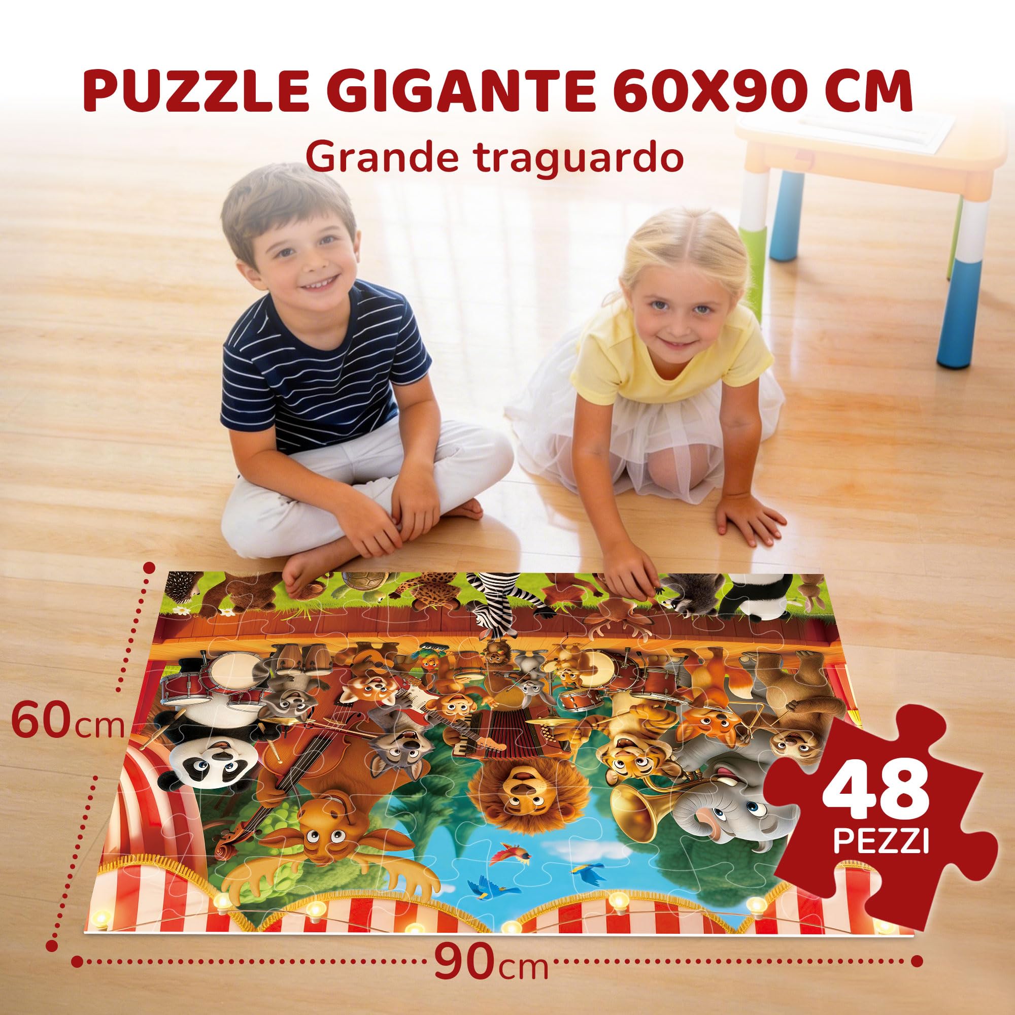 BenBen Grande puzzle da pavimento a partire dai 3 4 anni, puzzle XXL per bambini, 48 pezzi, 90 x 60 cm, regalo per ragazzi e ragazze, concerti di animali