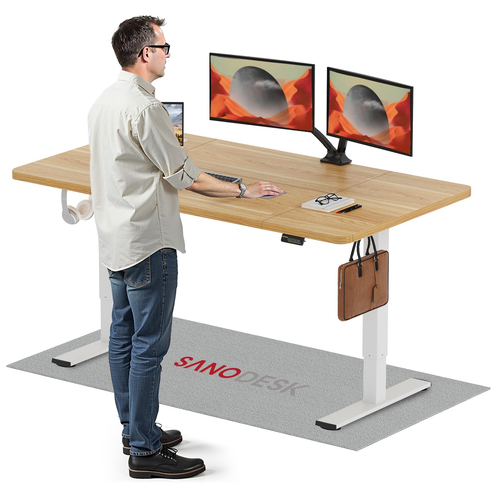SANODESK 160×60CM Electric Standing Desk Height Adjustable Standing Desk with Hooks Sit Stand Table Adjustable Desk with Child Lock Function and Memory Smart Pannel for Home Office