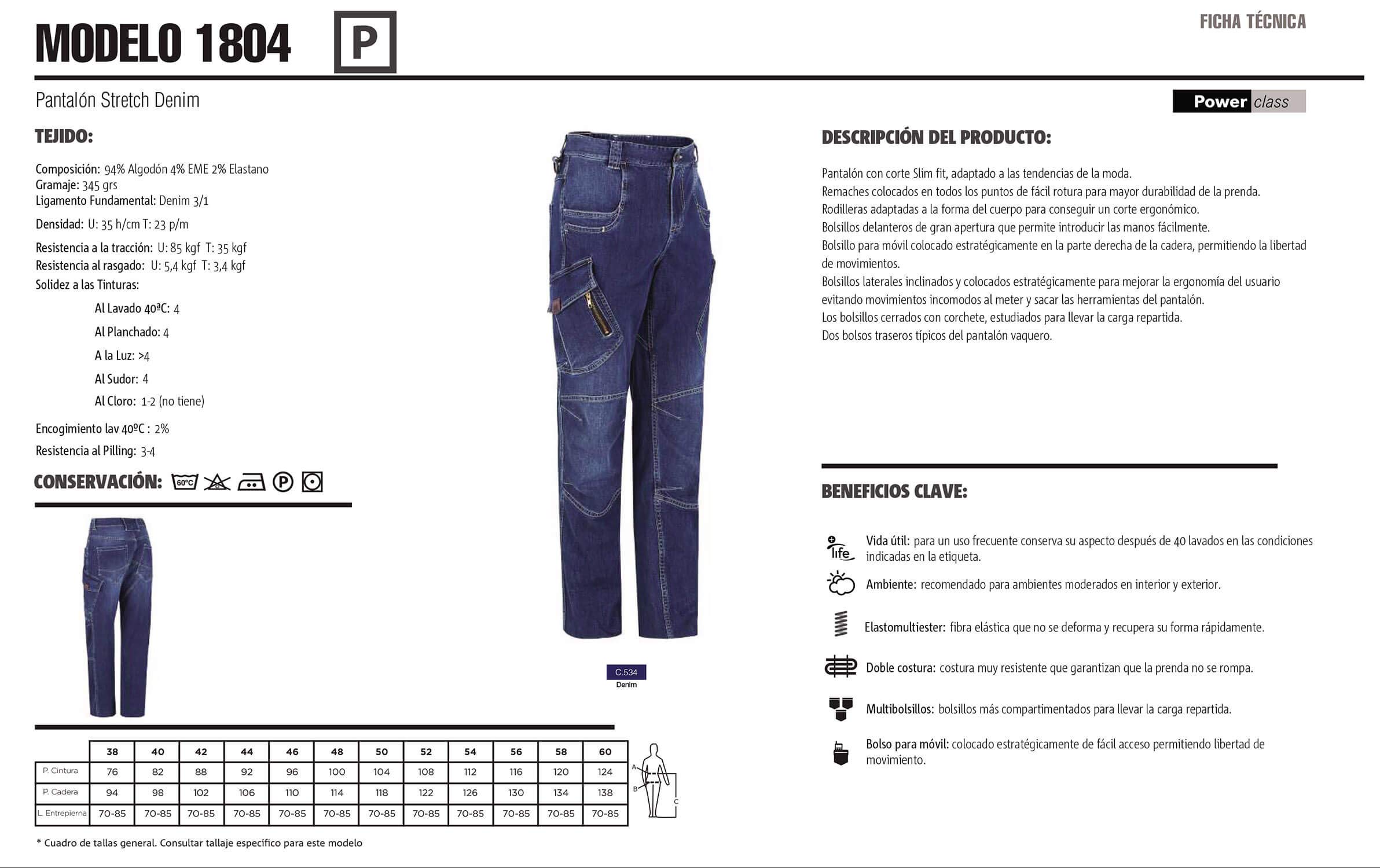 Pantalón De Trabajo Largo Vaquero Multibolsillos de Hombre Profesional/Comercial. Tallas 38-60. Ref: 1804