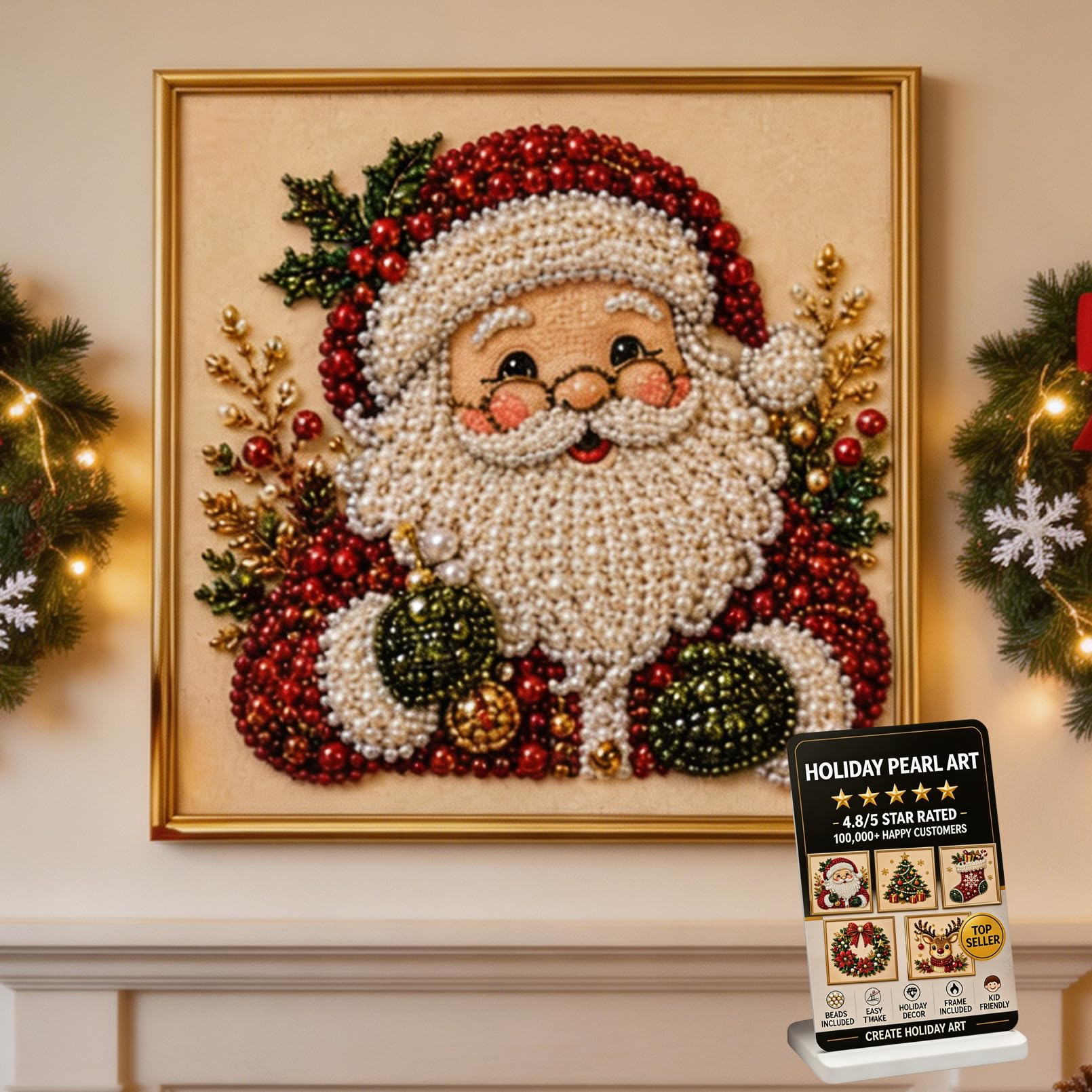 XIANGSHI DIY Christmas Pearl Diamond Painting Art Kit with Frame, Christmas Pearl Beads Art Craft for Adults & Beginners, Gemstone Diamond Dots Beads Painting Hanging Kit for Home Wall Decor (#A)
