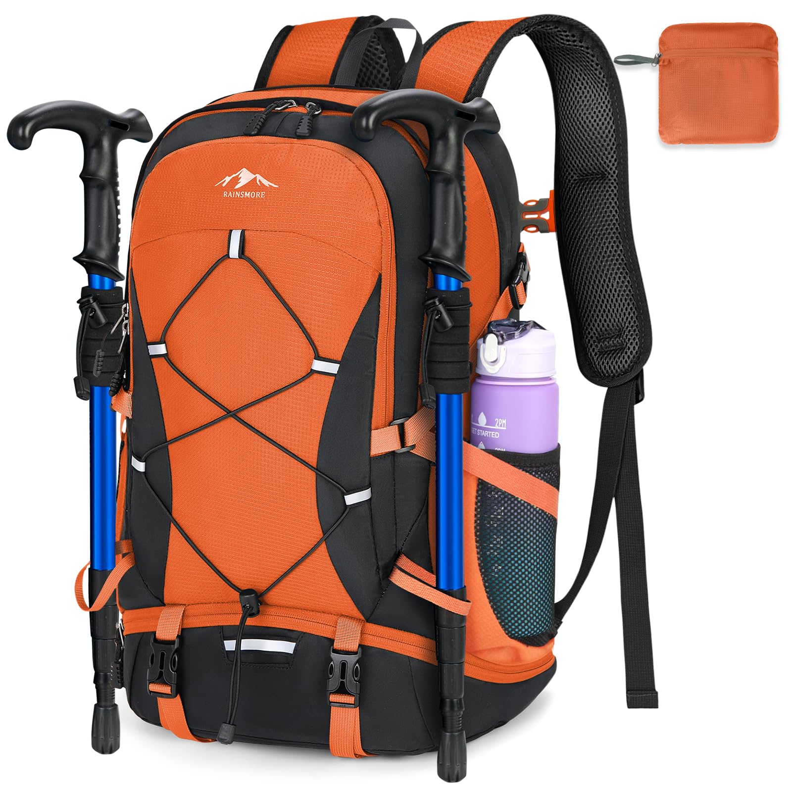 RAINSMORE Wanderrucksack Herren Damen 40L Wasserdichter Rucksack Groß Faltbarer Trekkingrucksack Leicht Reiserucksack Für Klettern Bergsteigen Reisen Orange