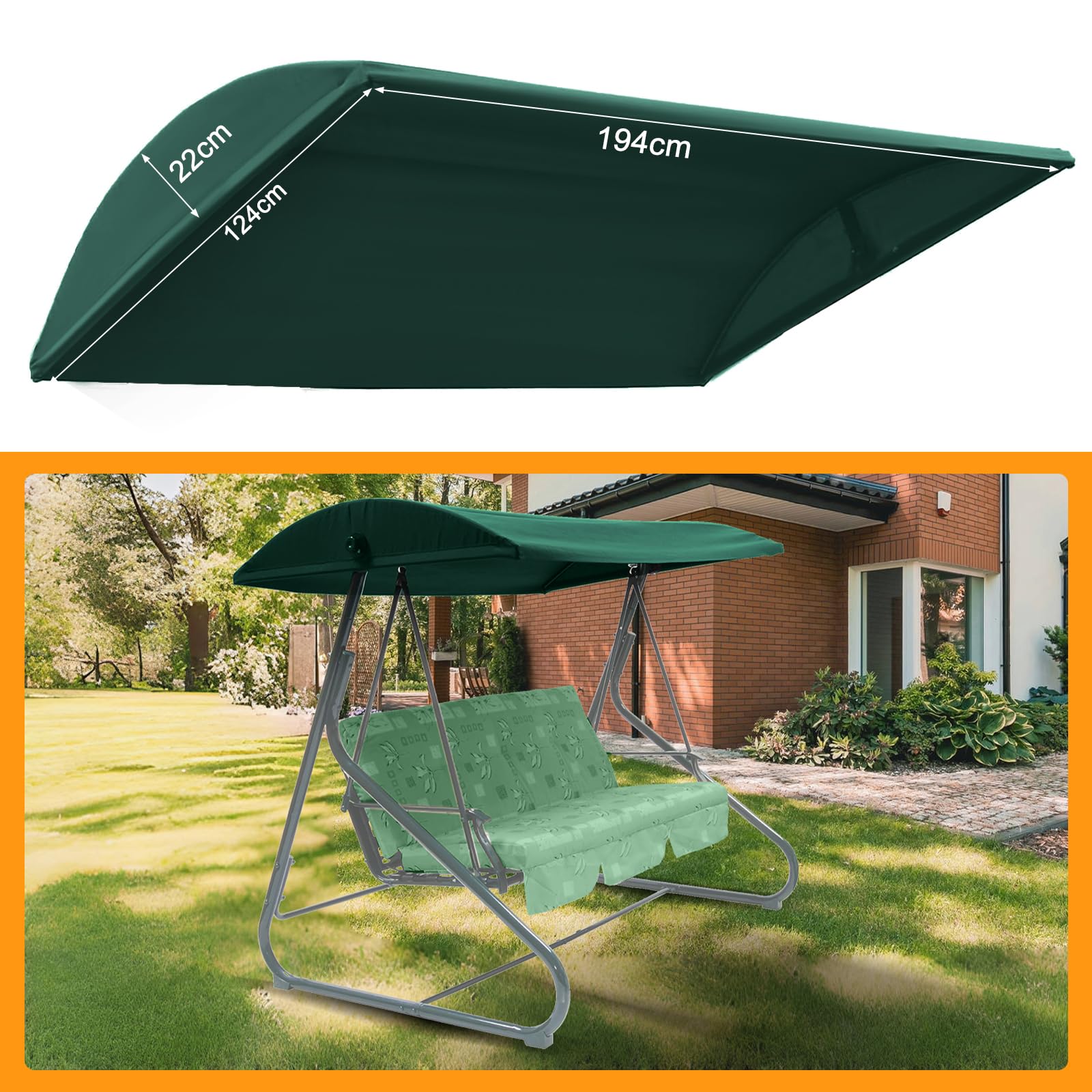 WingFly Replacement B&Q Colorado 3 Seater Garden Swing Hammock Canopy Top Cover Only, For Swing Garden Hammock (Green) - Image 2