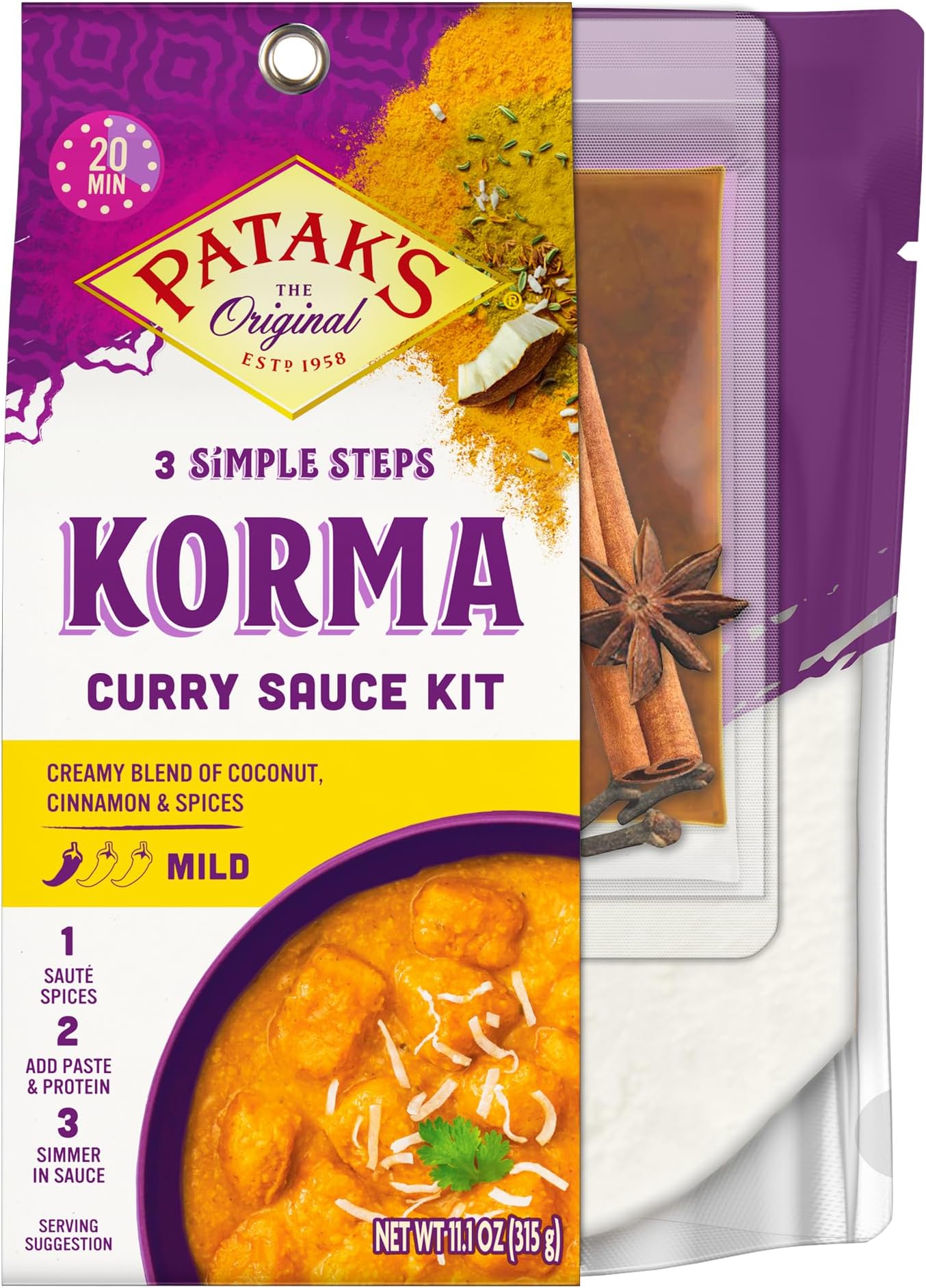 - Patak's Korma Curry 3-Step Sauce Kit, Mild & Creamy Base with Pre-Measured Spice Paste & Whole Spices, Home Cooking Meal for Chicken, Paneer or Vegetables, 11 oz, 6-Pack