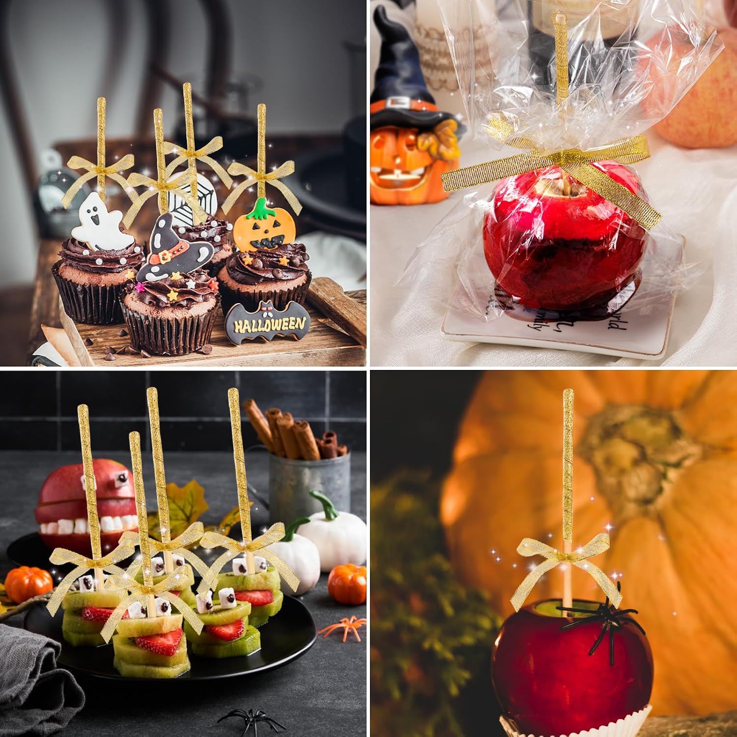 48-Pack Halloween Candy Apple Kit, with Sticks, Bags, Glitter Golden Ribbon