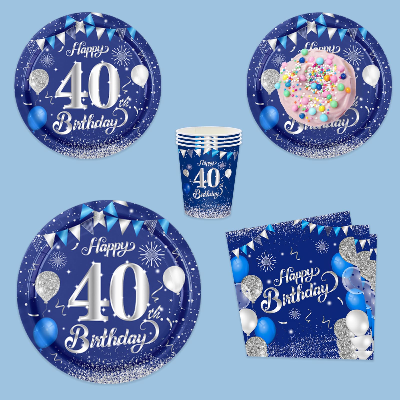 Marineblau Partygeschirr 40. Geburtstag 70 teiliges Set. Pappteller, Pappbecher, Servietten, Papierbanner, 40 Jahre Party für Herren und Damen Geburtstag Tischdeko