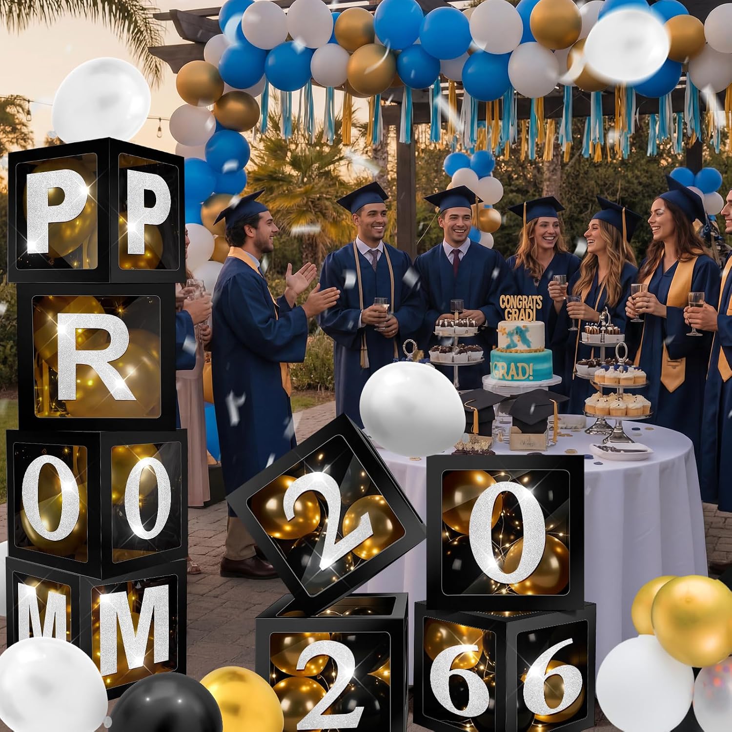 Suncalla 8 Pcs LED Light 2026 Prom Graduation Decorations 12" Prom Balloon Boxes Column Standup 2026 Graduation Lighting Boxes Backdrop Decor for Indoor Outdoor Party Supplies(Black White)