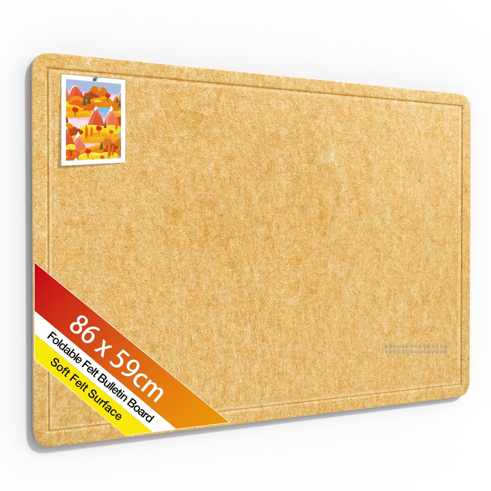 Rdutuok Bulletin Board,86x59cm Foldable Decorative Felt Pin Board Photo Display Board with Self-Adhesive Tape, Decorative Cork Alternative for Wall Includes 20 Push Pins,Yellow