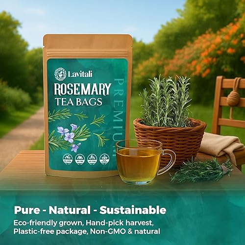 Miniatura 3 de Lavitali, Bolsas de té de hojas de romero  60 bolsas, té de hierbas 100% puro  Sin cafeína, sin azúcar, bolsas de filtro ecológicas  Infusión de