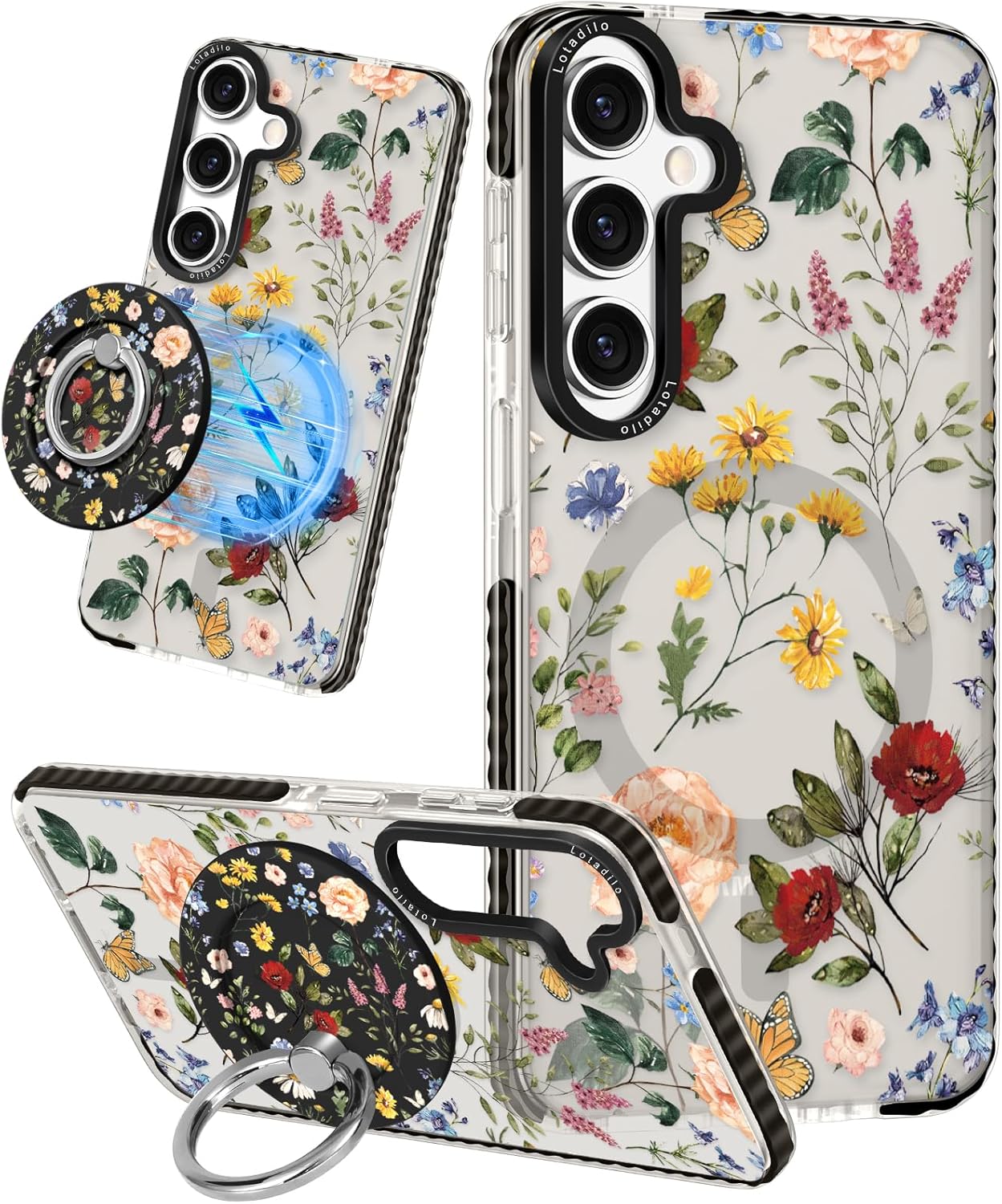 for Samsung Galaxy S24 Case for Women - Girls Cute Design Compatible with Magsafe Magnetic Ring Holder Stand Retro Flower Phone Covers Aesthetic Girly TPU Funda for S24 Retro Flower for Samsung S24