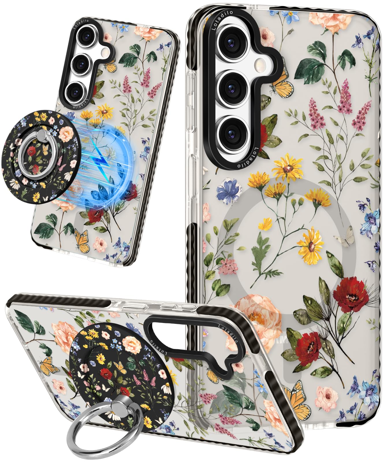 Lotadilo for Samsung Galaxy S24 Case for Women - Girls Cute Design Compatible with Magsafe Magnetic Ring Holder Stand Retro Flower Phone Covers Aesthetic Girly TPU Funda for S24