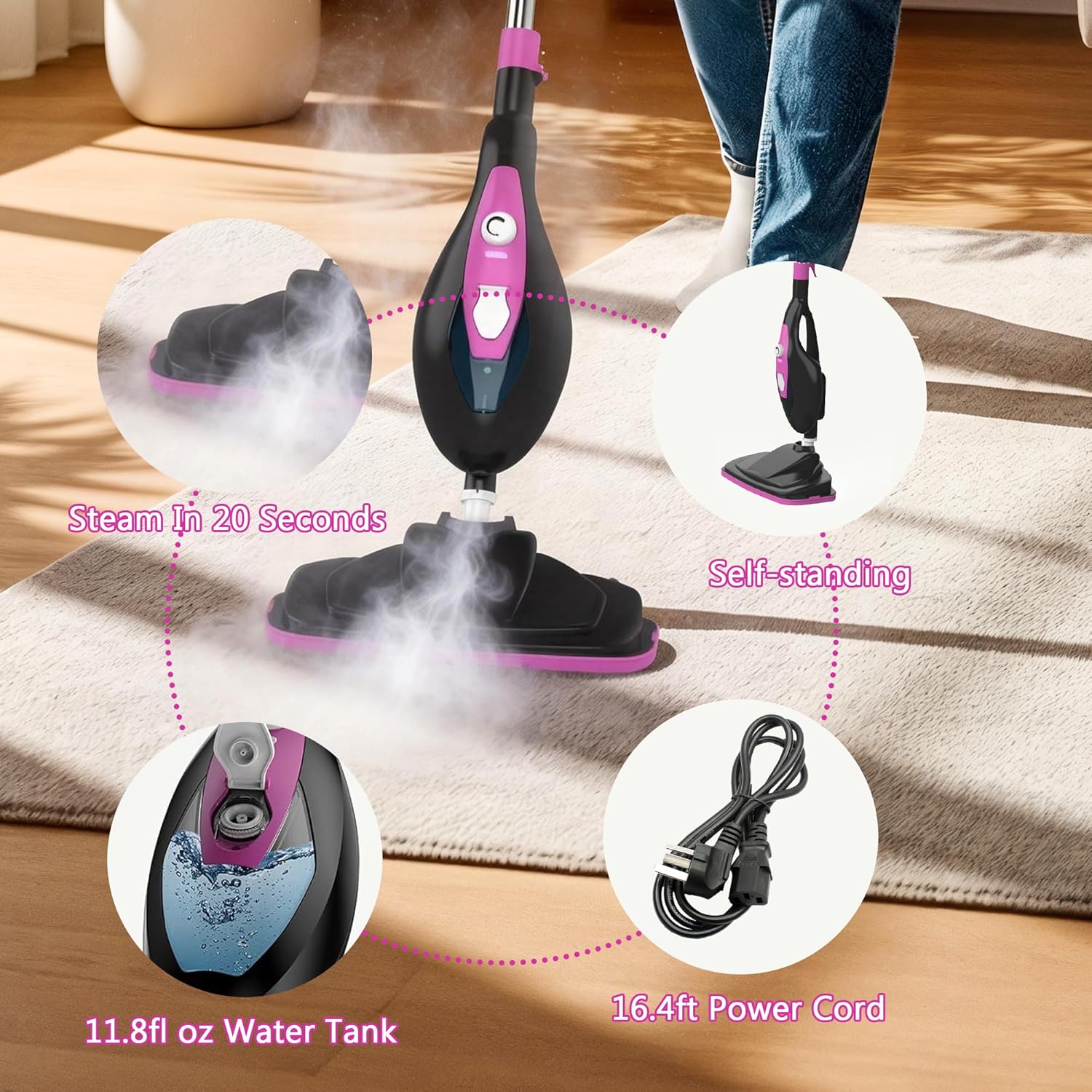 Steam Cleaner for Home, Handheld Floor Steamer Cleaner, Lightweight All in 1 Steam Mop Detachable Steamer for Hardwood Floor Tile Couch, 2 Washable Pads, 1550W 212°F Deep Cleaning, Pink
