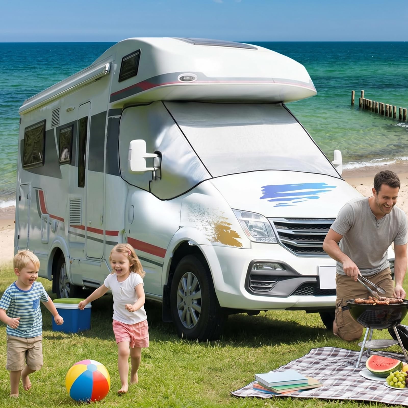 Housse de pare-brise avant pour camping-car avec deux fermetures éclair, compatible avec FIAT Ducato, Peugeot Boxer, Citroën Relay X250/X290 (2006+), housse de pare-brise argentée, imperméable