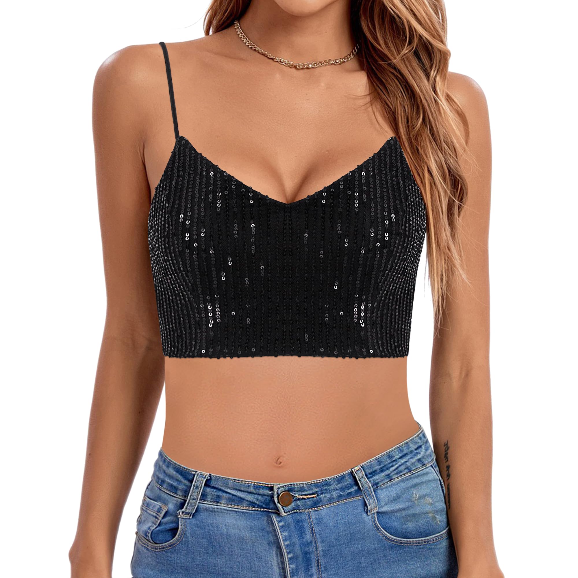 TYNORA Women’s Sparkling Rhinestone Fringe Corset Top Spaghetti Spaghetti Strap Slim Fit Tank Top Clubwear