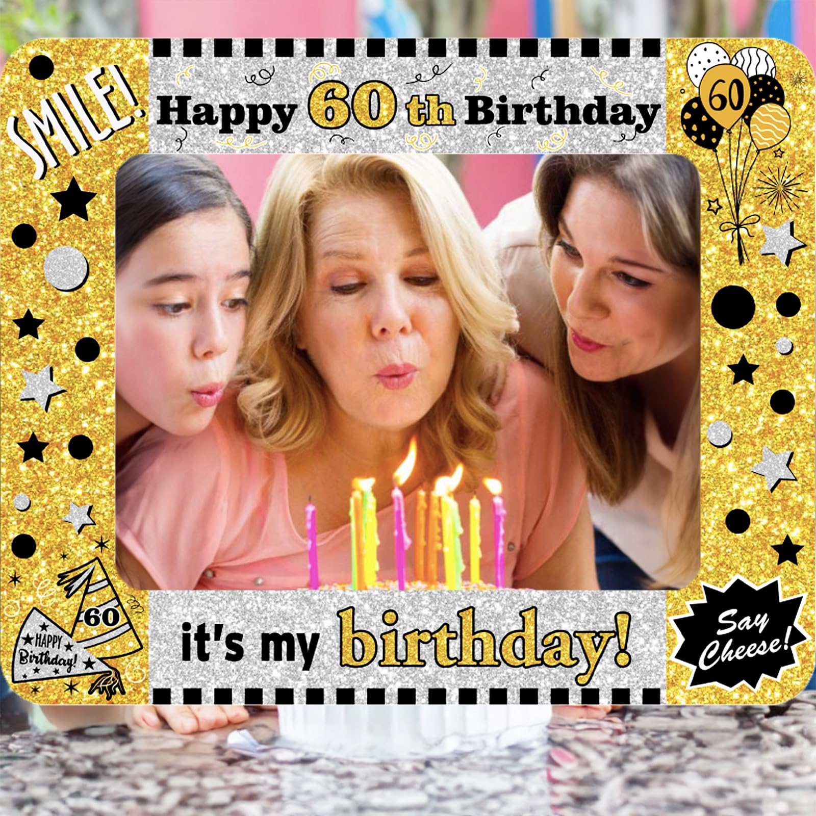 Cornice Gonfiabile 60° Compleanno - 71x58cm, Nero/Oro, Per Selfie E Feste - Foto 8