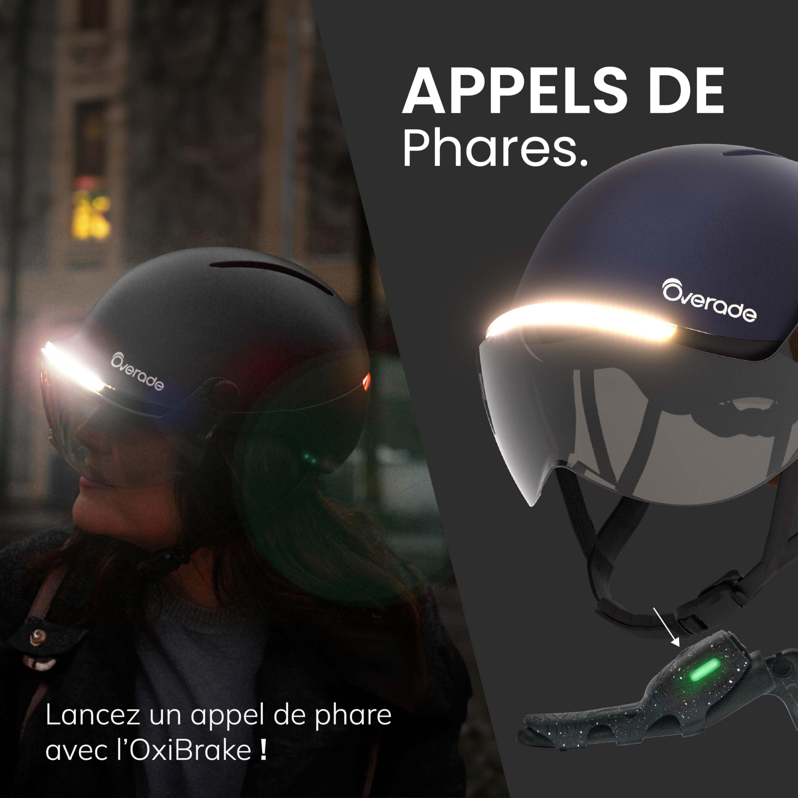 Overade Innovation Française - Casque Life avec Visière, avec Éclairage Puissant Avant/arrière, Télécommande Clignotants Oximote Incluse, Fonction Feu Stop Inclus, Taille Unique.