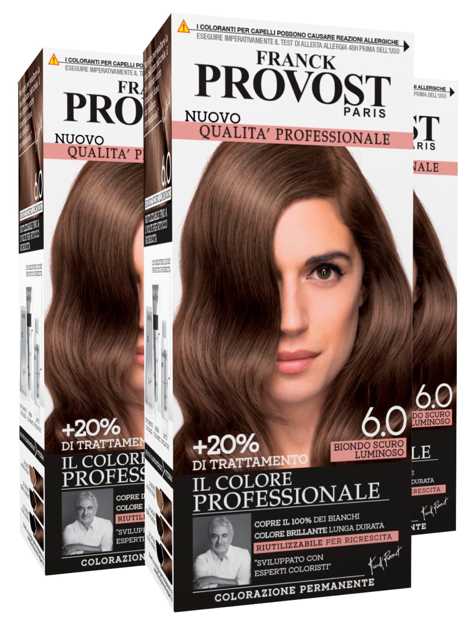 Franck Provost Tinta Permanente Riutilizzabile per Capelli con Trattamento di Bellezza Colorazione Professionale e Copertura Ottimale a Lunga Durata Colore 6.0 Biondo Scuro Luminoso - 3 Tinte