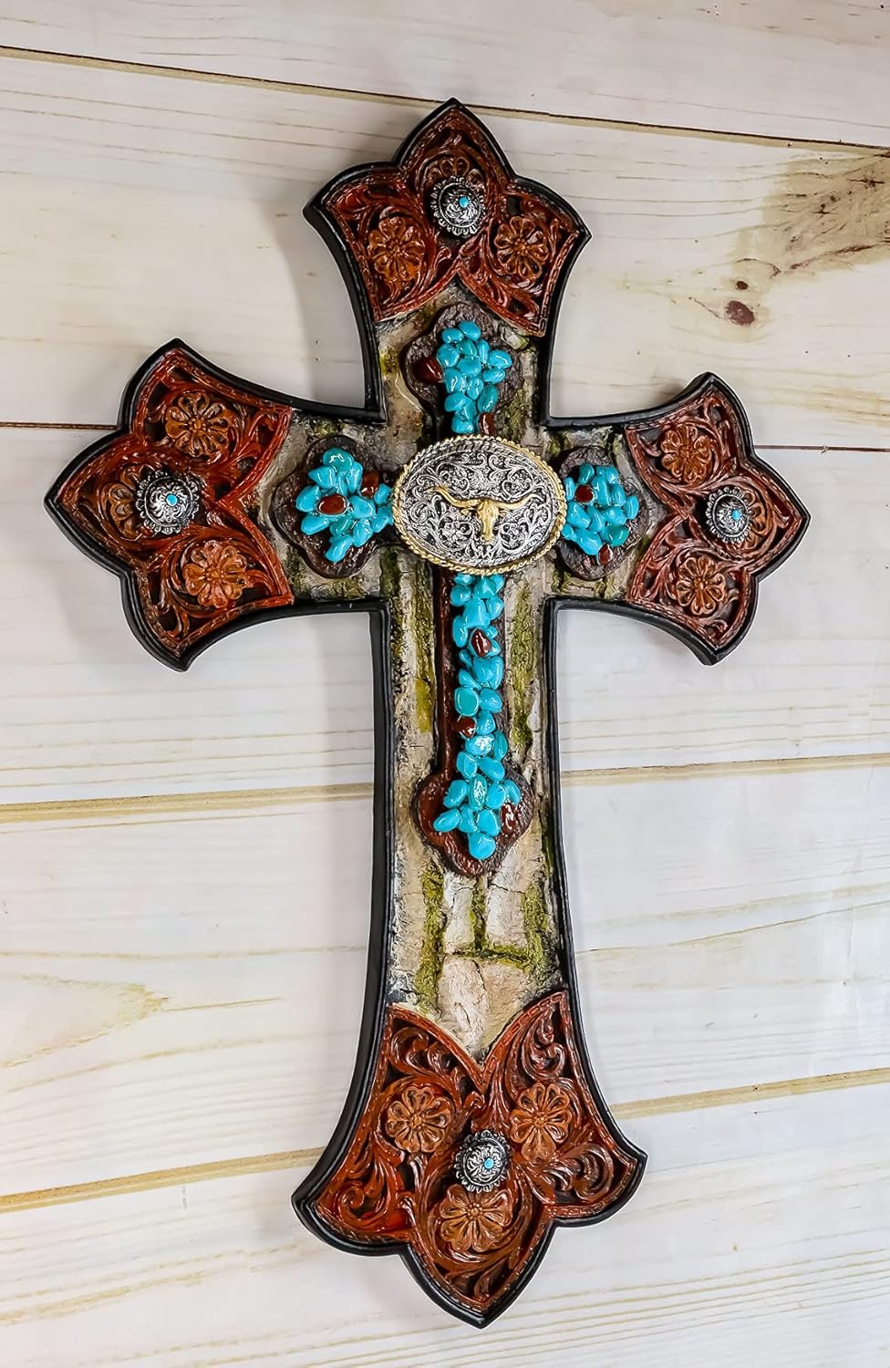 Ebros Gift Rustic Western Turquoise Rocks With Longhorn Bull Concho Tooled Leather Finish Wall Cross Decor Plaque Vintage Design Hanging Sculpture 12" High Catholic Christian Accent Decorative Crosses