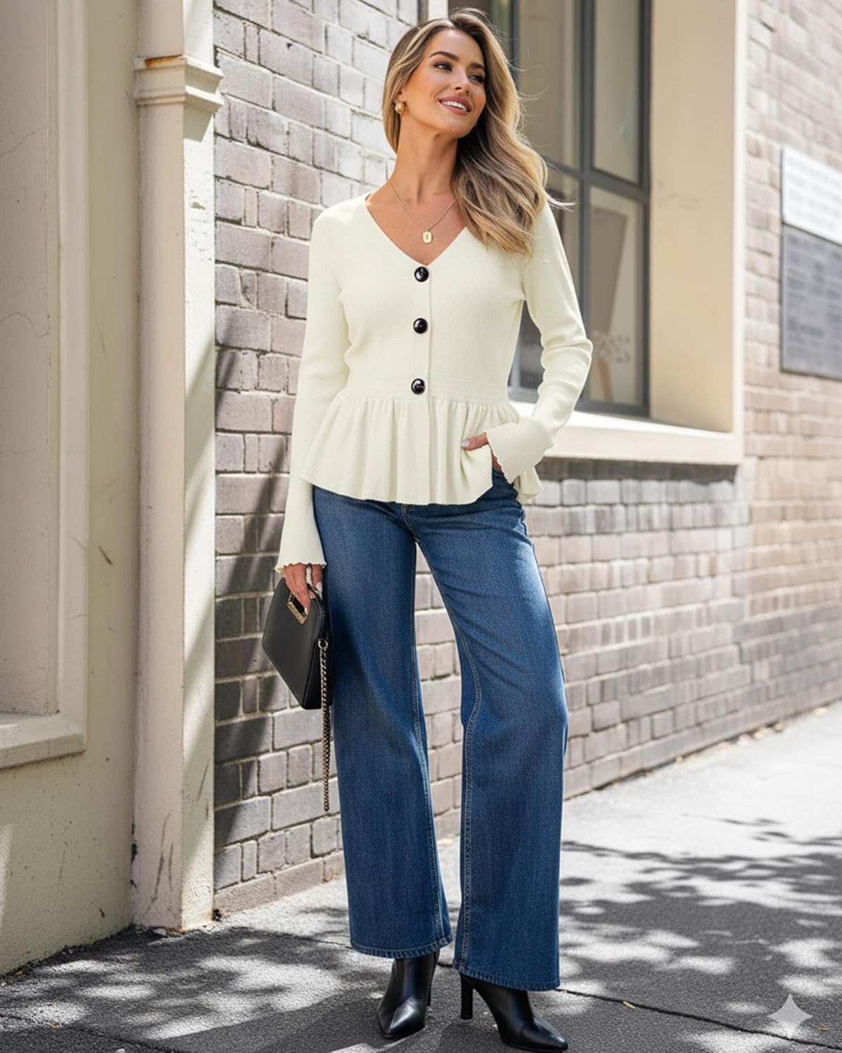 Vivilli Fall Open Front Cardigan Sweaters for Women Trendy Long Sleeve Peplum Tops Knit Button Sweater Casual Outerwear - Image 3