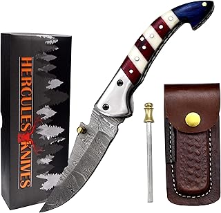 Custom Damascus Pocket knife | Folding knife with liner lock | Bushcraft knife for Fishing, Camping, Hiking | Damascus steel hunting Camping Knife Leather Sheath - Hercules Knives