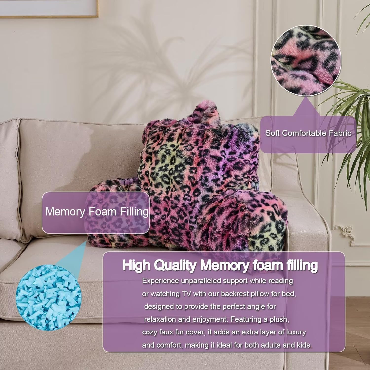 Reading Pillows for Boyfriend Adult,Velvet Back Pillow Bed Wedge Large, Back Rest Support Cushion for Sitting in Bed Kids Children 18inch-Rainbow Leopard - Image 2
