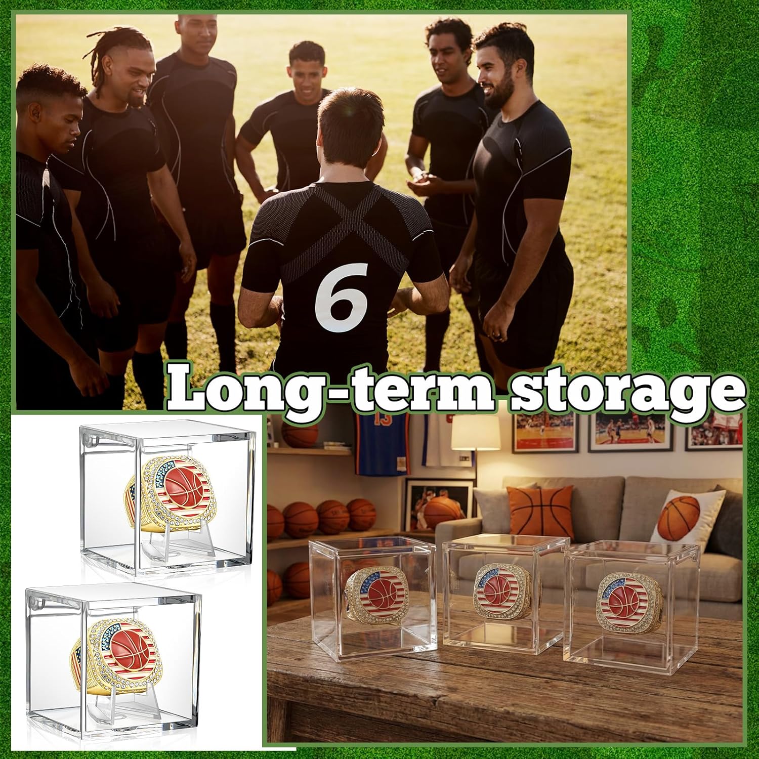 Landical 6 Set Baseball Football Soccer Championship Ring with Display Case and Stand Holder Championship Ring Case Acrylic Display Box and Holder Champion Trophy Rings for League Winner