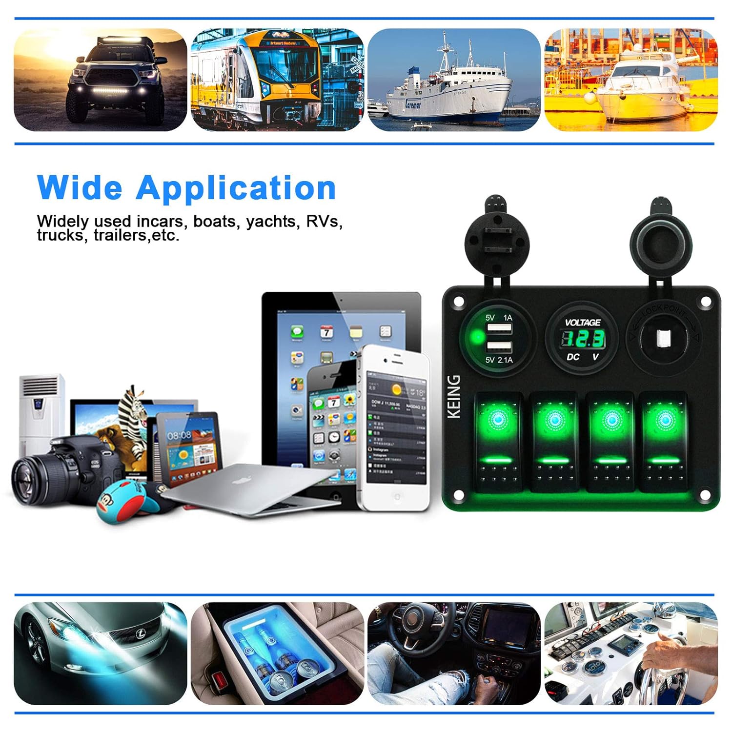 4 Gang Waterproof Rocker Switch Panel Green Backlit 12V 24V LED Digital Voltmeter Dual USB Charger 12v Flush Car Charger Adapter Socket Overload Protection Switch Panel Widely Fits for Cars RVs Boats