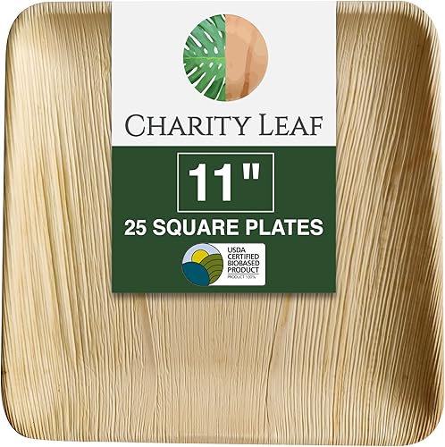 Charity Leaf Platos cuadrados desechables de hoja de palma de 11 pulgadas (25 piezas) platos para servir como bambú, tableros desechables, vajilla
