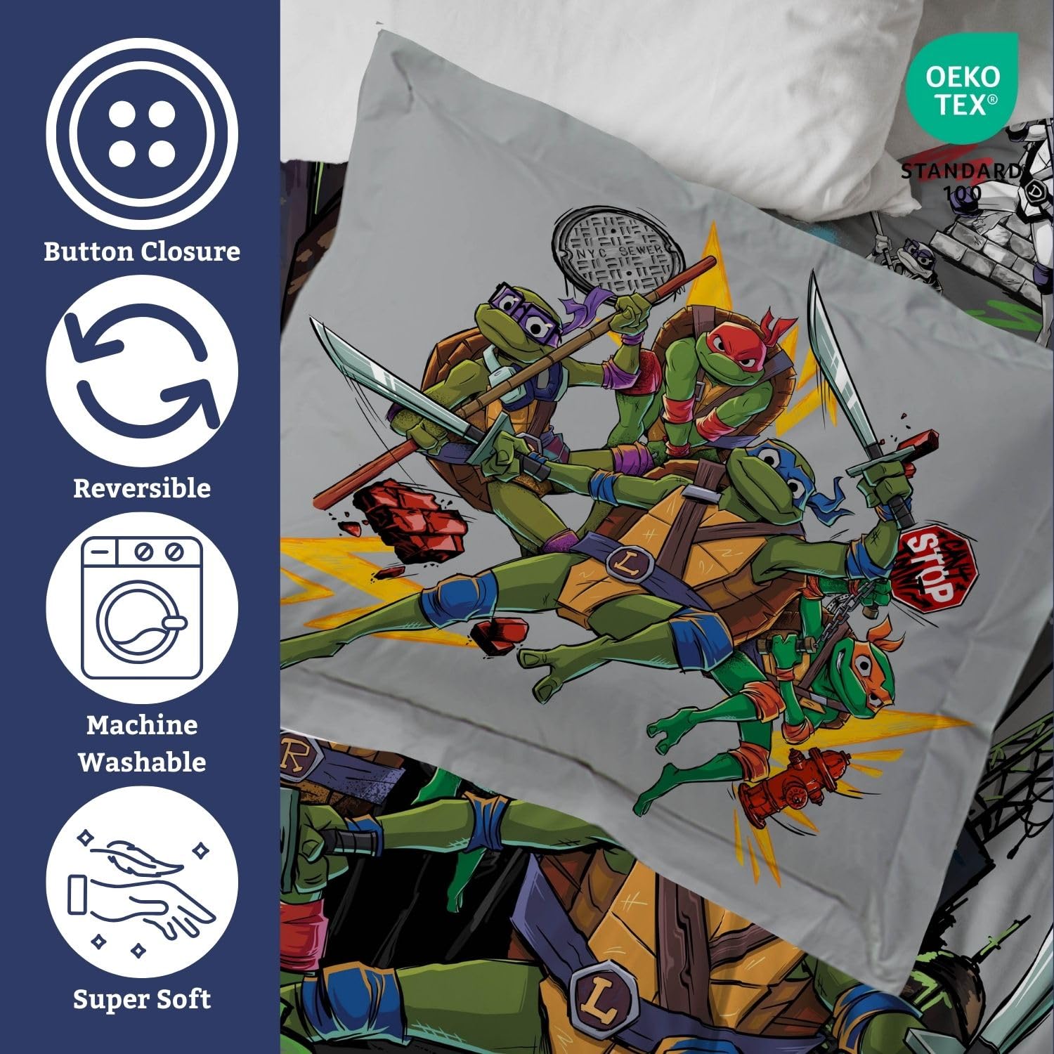 Jay Franco Nickelodeon - Set copripiumino e federe, motivo: Tartarughe Ninja, 3 pezzi, super morbido, confortevole, grigio