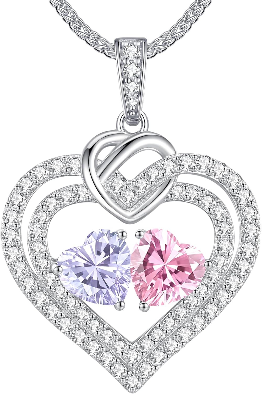 LOUISA SECRET Sparkling Double Heart Birthstone Necklaces for Women, 925 Sterling Silver Fine Jewelry, Pendant Heart Necklaces Birthday Anniversary Christmas Gift for Women Wife Mom Girlfriend Lady