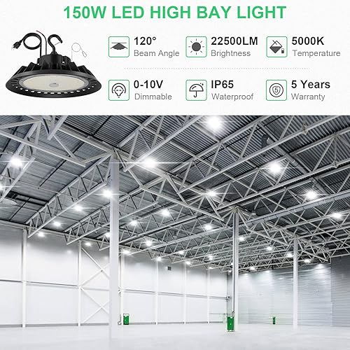 Miniatura 3 de BFT UFO - Luz LED de alta bahía de 150 W, 22500 lm, 0 a 10 V, regulable 5000 K, reemplazo de 600 W HIDHPS, cable de 5 pies con enchufe, gancho