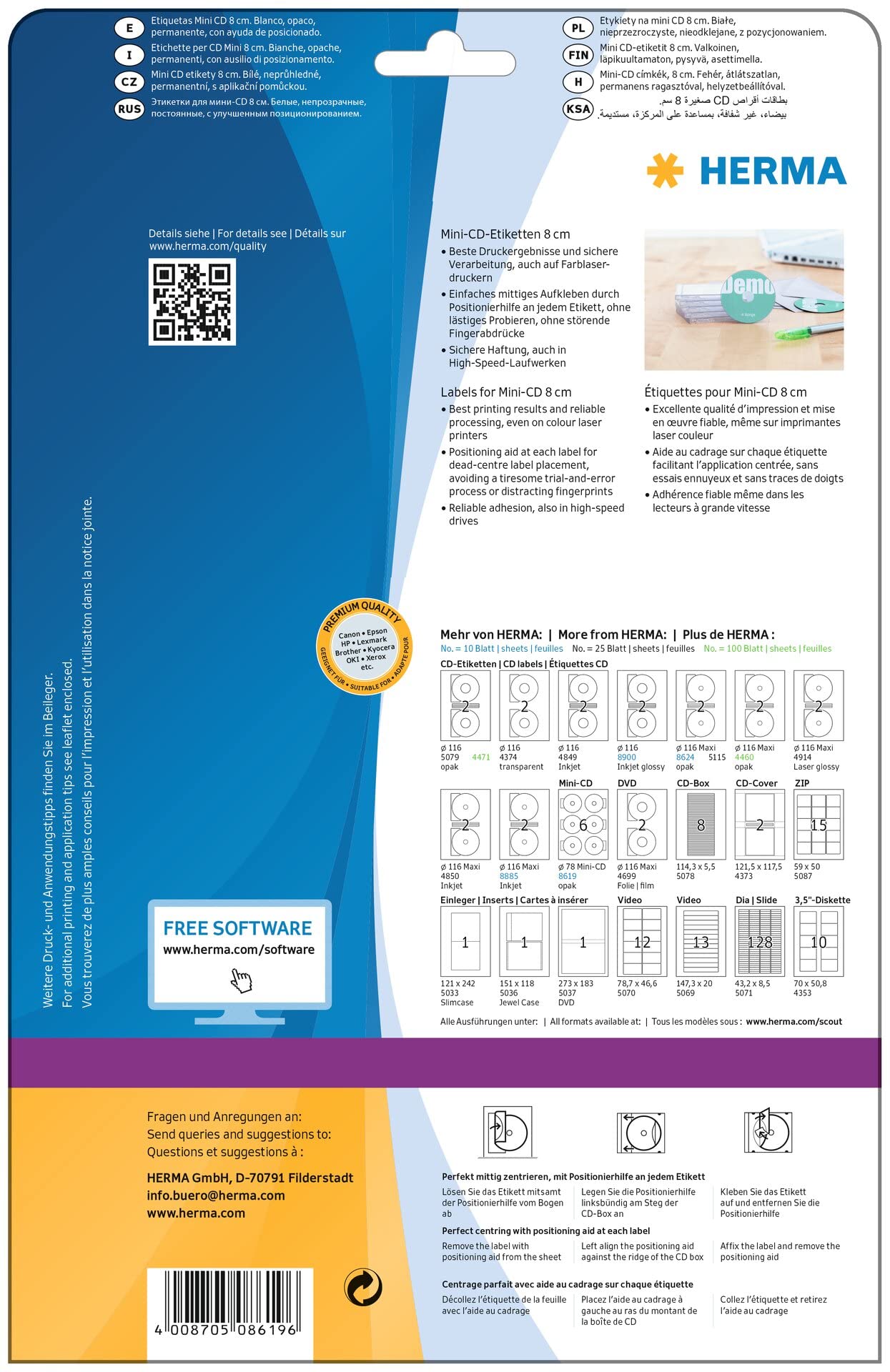 HERMA 8619 Mini CD Etiketten inkl. Zentrierhilfe blickdicht, 320 Blatt, Ø 78 mm, 6 pro A4 Bogen, 1920 Stück, selbstklebend, bedruckbar, matt, blanko Papier Klebeetiketten Aufkleber, weiß