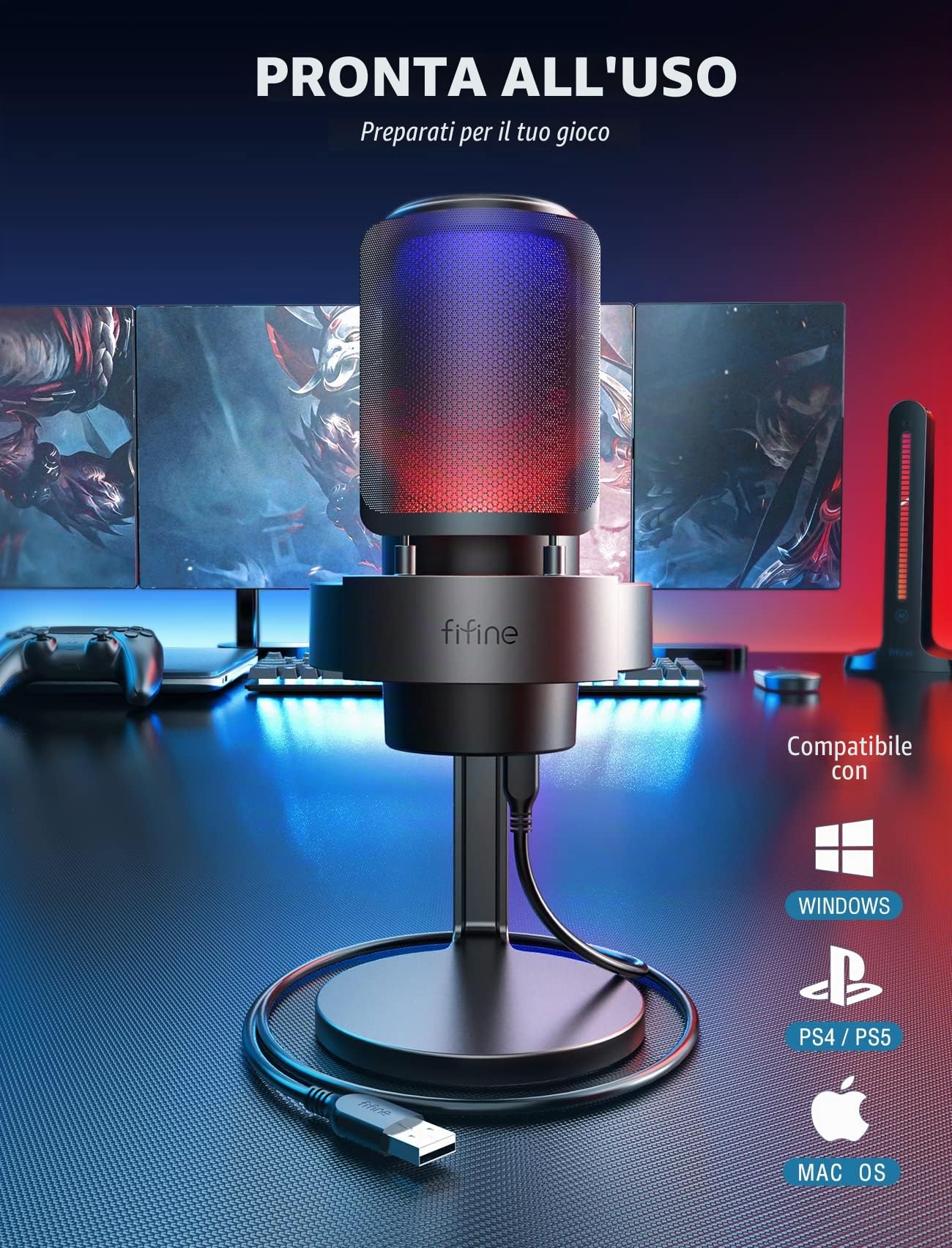 FIFINE USB Microfono per PC Gaming PS4 PS5, RGB Microfono a Condensatore per Streaming, Podcasts, con Controllo RGB, Tocco Muto, Jack per Cuffie e Filtro Anti-Pop