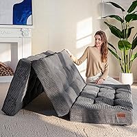 MAXYOYO 6 Inch Tri-Fold Foam Mattress - Foldable Guest Bed Couch, Tufted Corduroy Floor Sleeper, 53x75 Dark Grey Portable Camping Mat