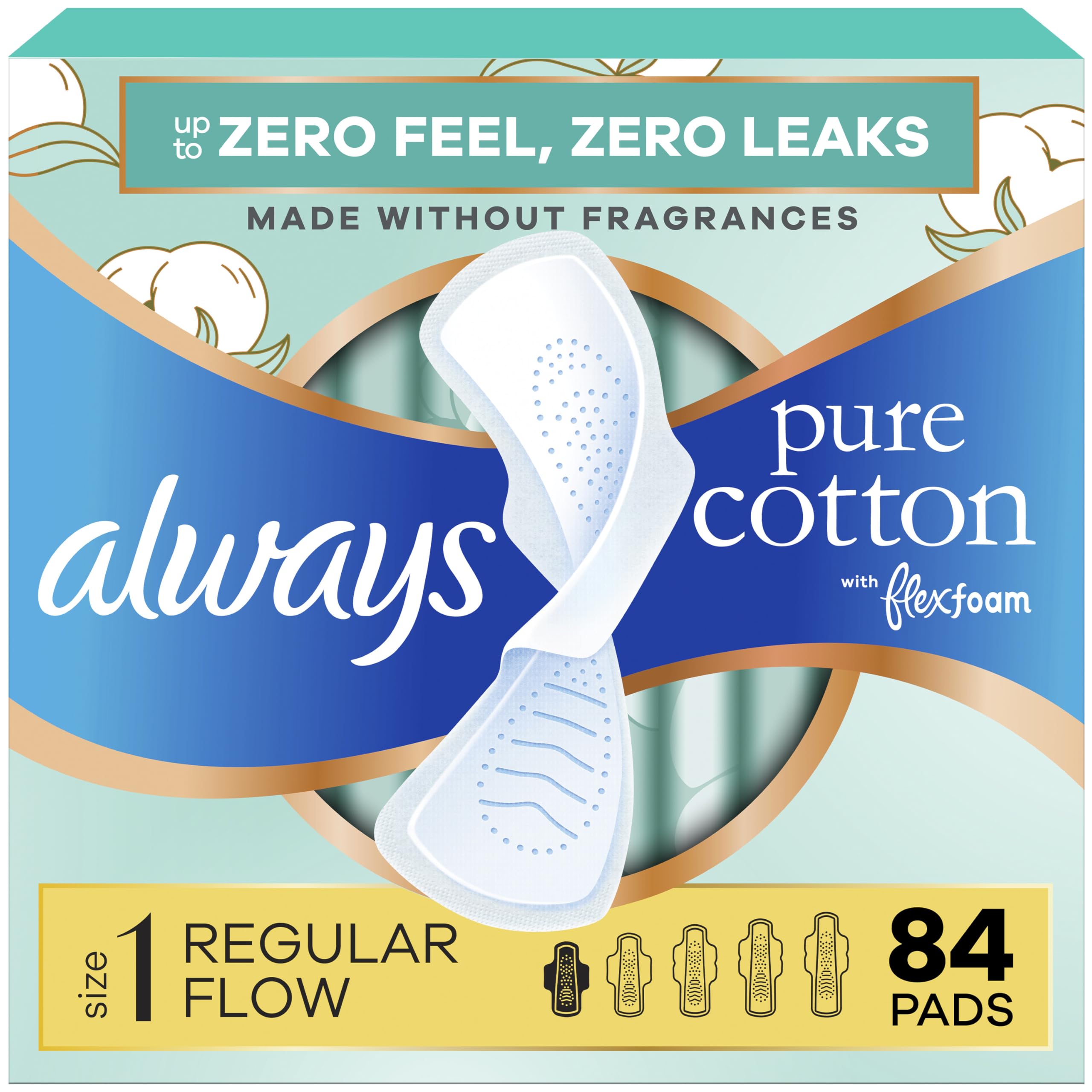 Photo 1 of Always Pure Cotton Feminine Pads for Women, FlexFoam Pads with Wings, Size 1, Regular Absorbency, Unscented, 84 Count (3 Packs of 28)
