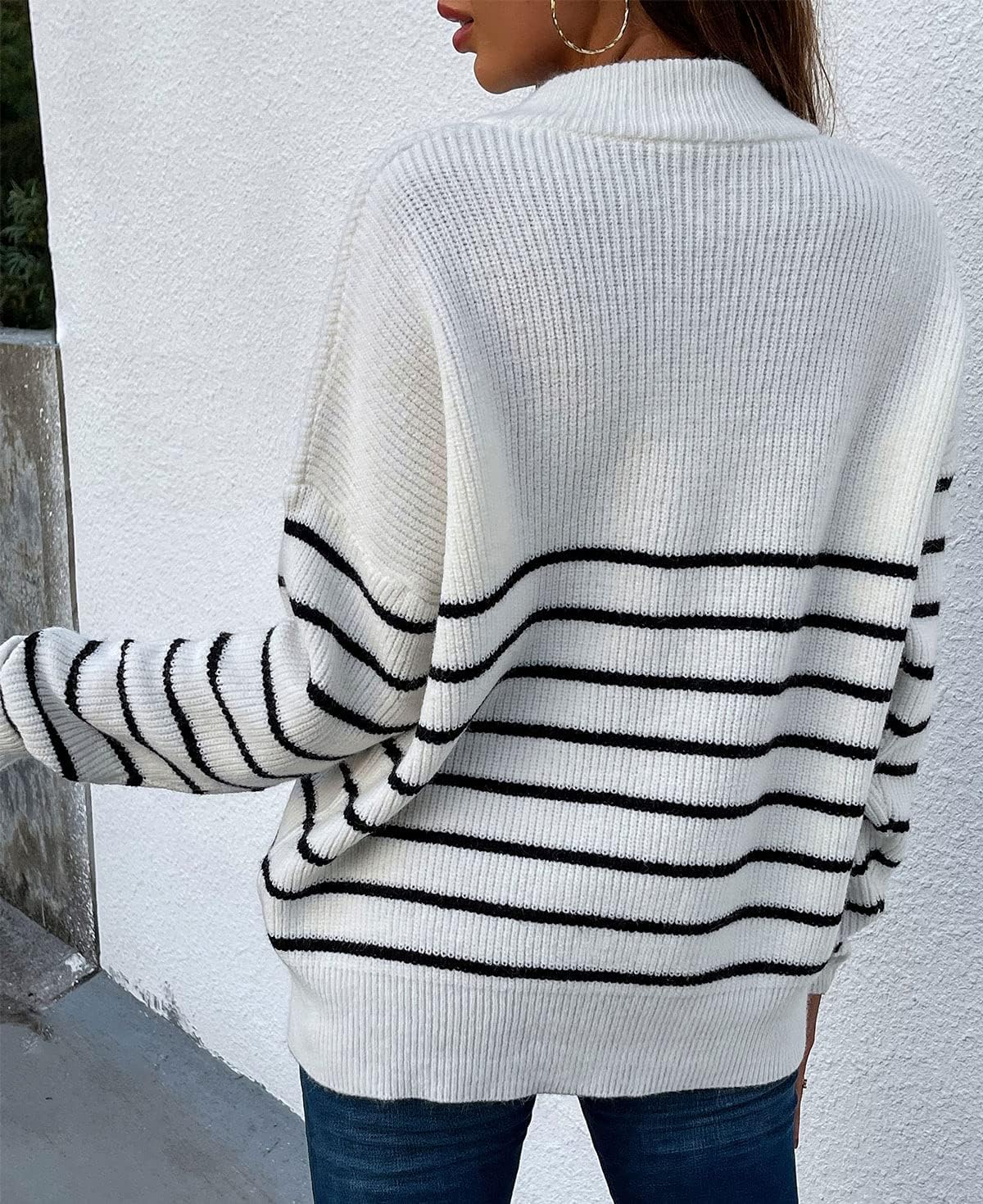 Womens Half Zip Sweater Pullover Fall Winter Long Sleeve Stripe Solid Zipper Sweatshirt Stand Collar Knit Top - Image 3