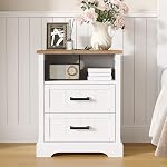ChooChoo Farmhouse Night Stands with Charging Station, Wood Nightstand Set of 2 with 2 Drawers, Bedside Table with Open Storage Shelf for Bedroom, White