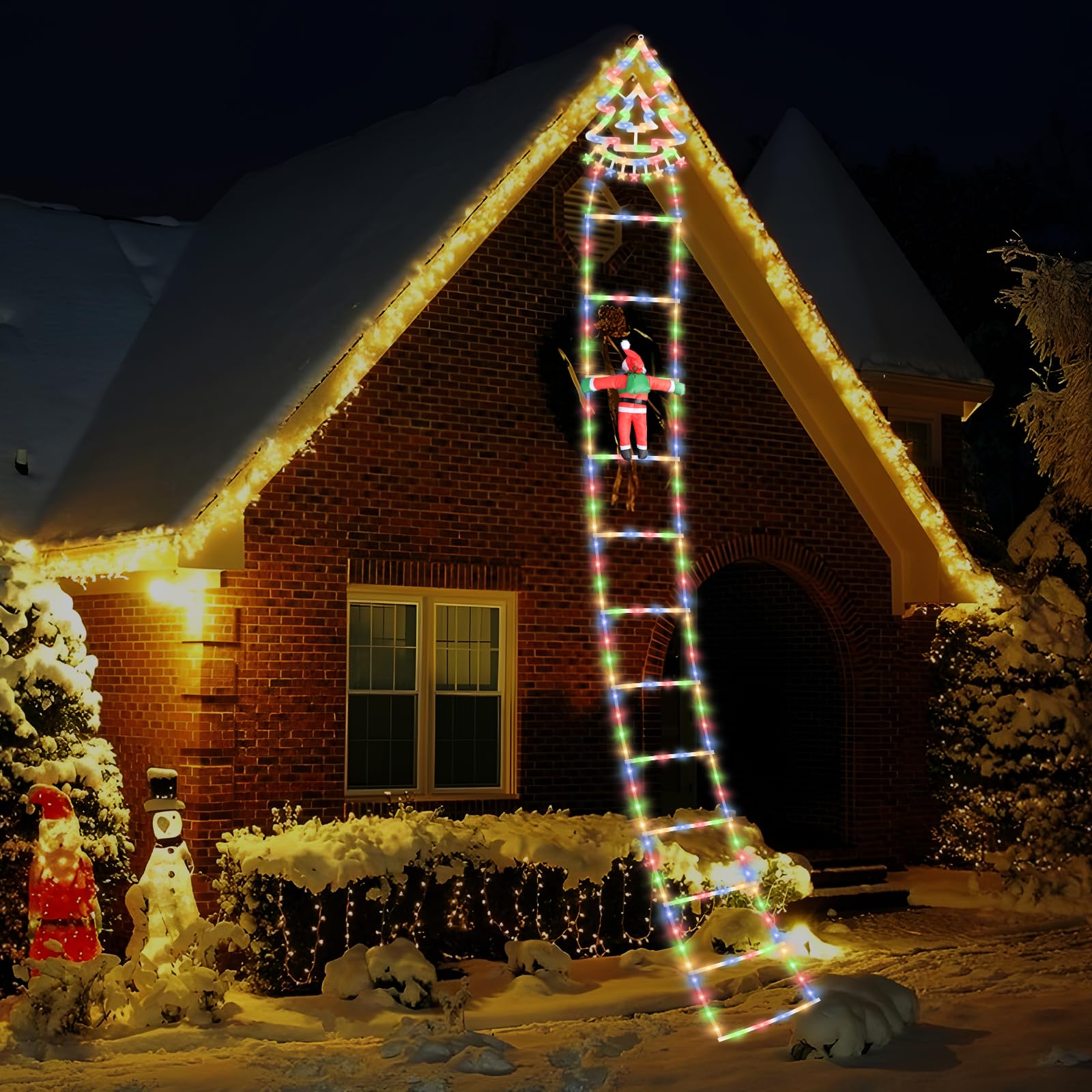 Suewidfay Santa Ladder Lights, 10.8Ft Christmas Lights Outdoor, Xmas Christmas Ladder Light with Santa Claus Climbing, 7 Modes Adjustable Lighting Rainproof Snow Protection