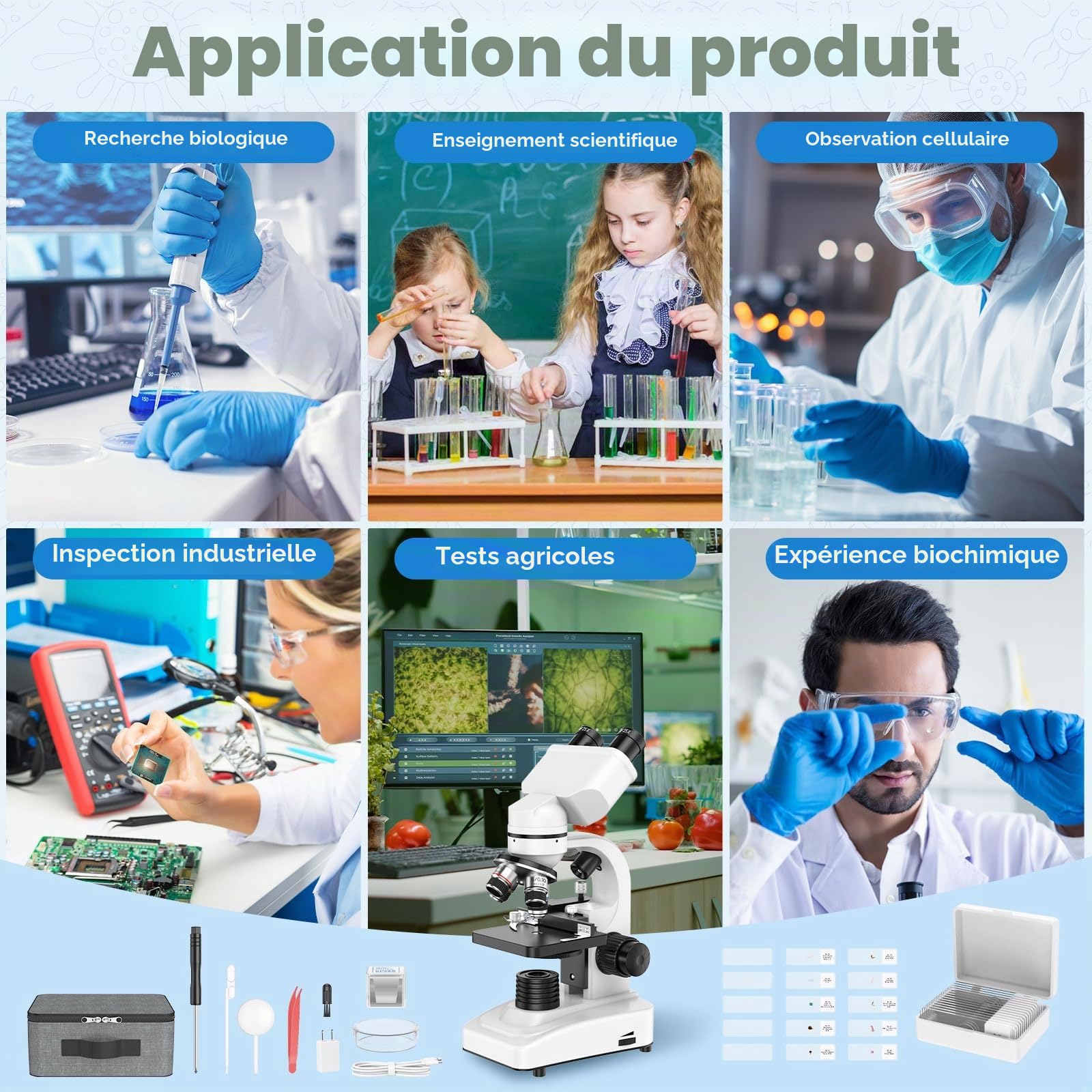 Microscope Binoculaire Composé Professionnel 40X-1000X pour Enfants Adultes | Microscope avec Platine Mécanique Double LED Adaptateur Smartphone Mallette Transport pour Étudiant Laboratoire École Maison