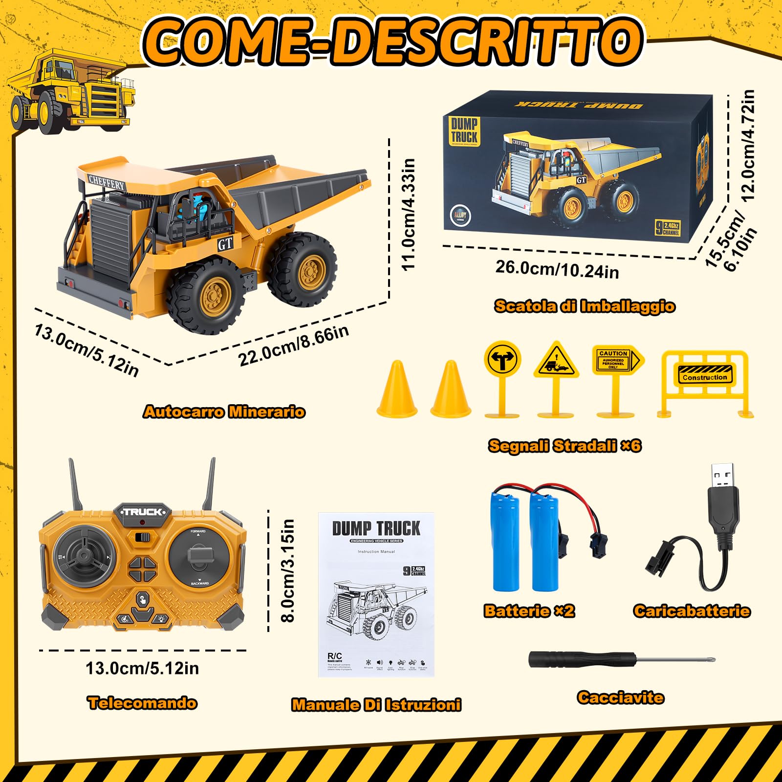 Cheffery Camion Ribaltabile Telecomandato, 2.4GHz Veicolo da Costruzione RC per Bambini, 9 Canali Camion Radiocomandato con Luci e Suoni, Camion Telecomandato per Ragazzi e Ragazze dai 3 anni