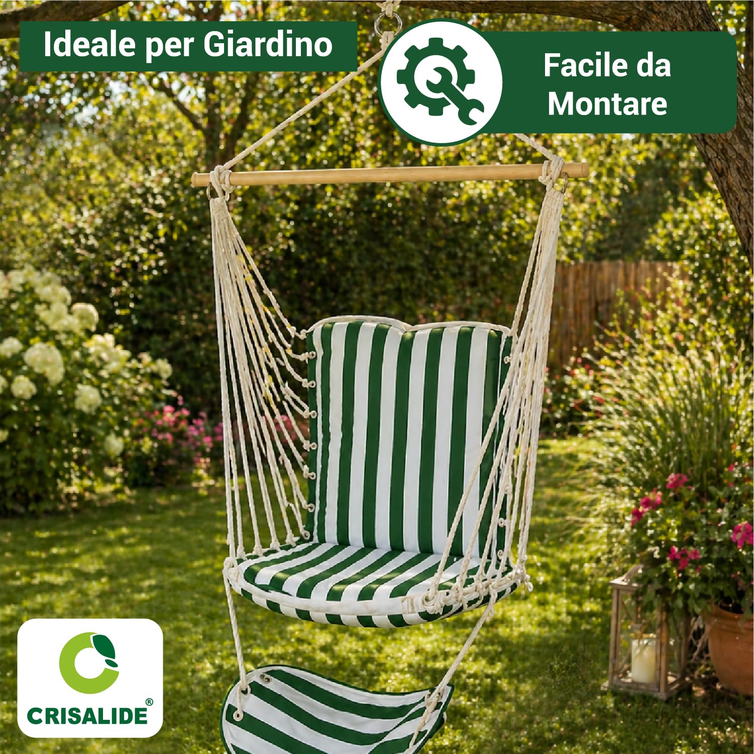 Crisalide® - Amaca a Poltrona da Giardino con Poggiapiedi, Sedia Sospesa con Barra in Legno, Copertura in Poliestere, Design Salvaspazio, Ideale per Terrazzo, Balcone e Giardino