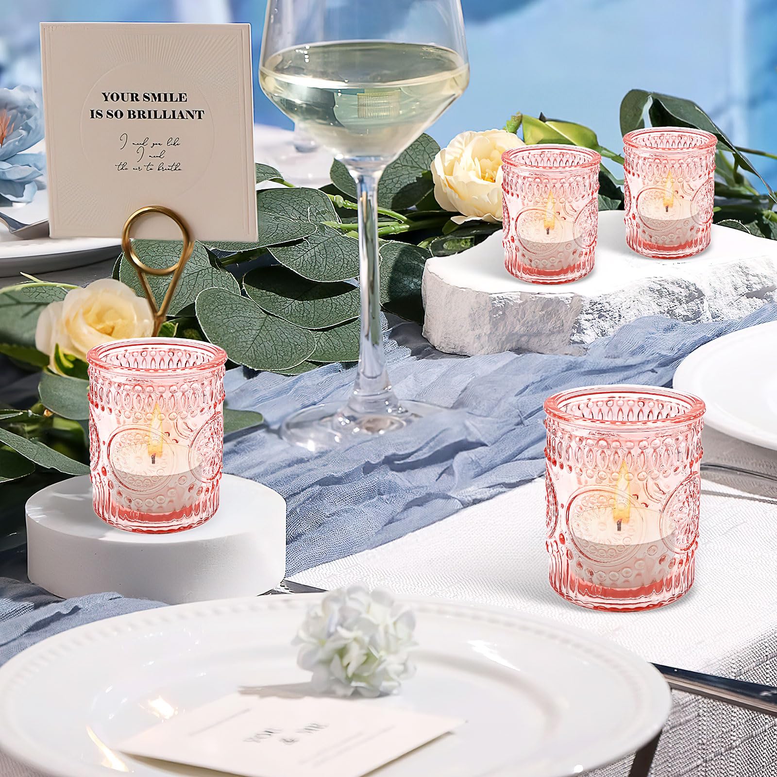 Lot de 24 Rose Photophores en Verre – Bougeoirs Vintage pour Bougies Chauffe-Plat, Déco de Table pour Mariage, Anniversaire, Maison, Fête et Centre de Table (Pilier)